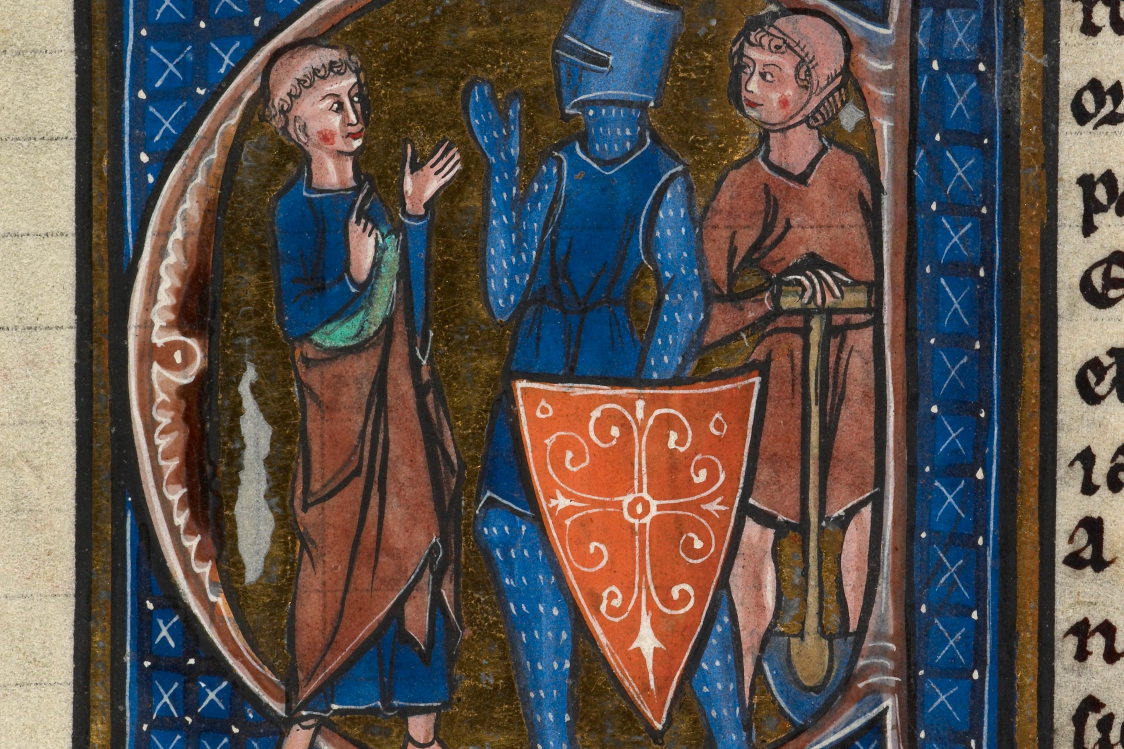 Medieval manuscript illustration of three figures talking: a man, a knight with a shield and a shovel-bearer, set in an ornate border.
