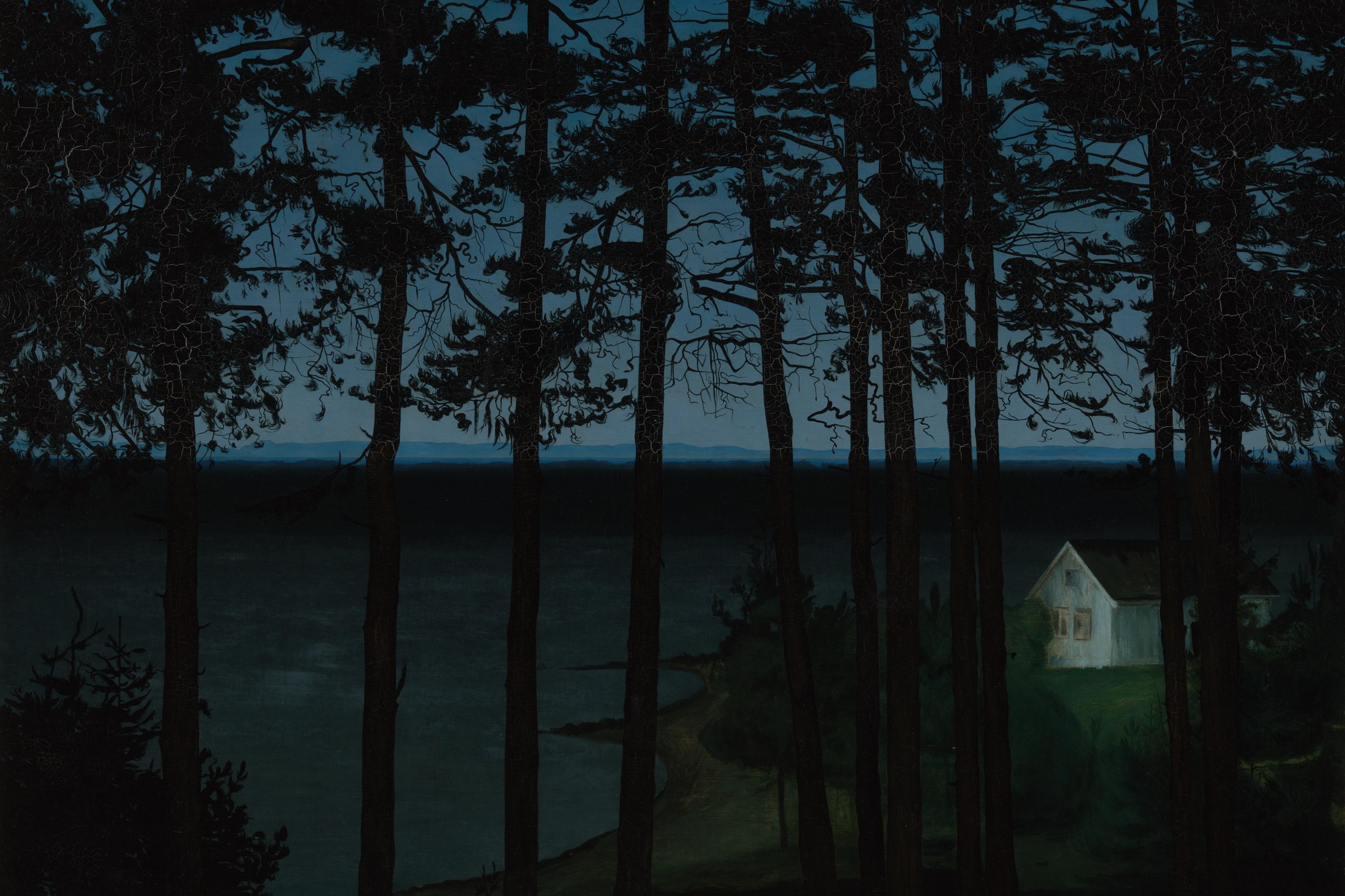 Painting of a forest at night with a small house and dimly lit sky visible through the trees.