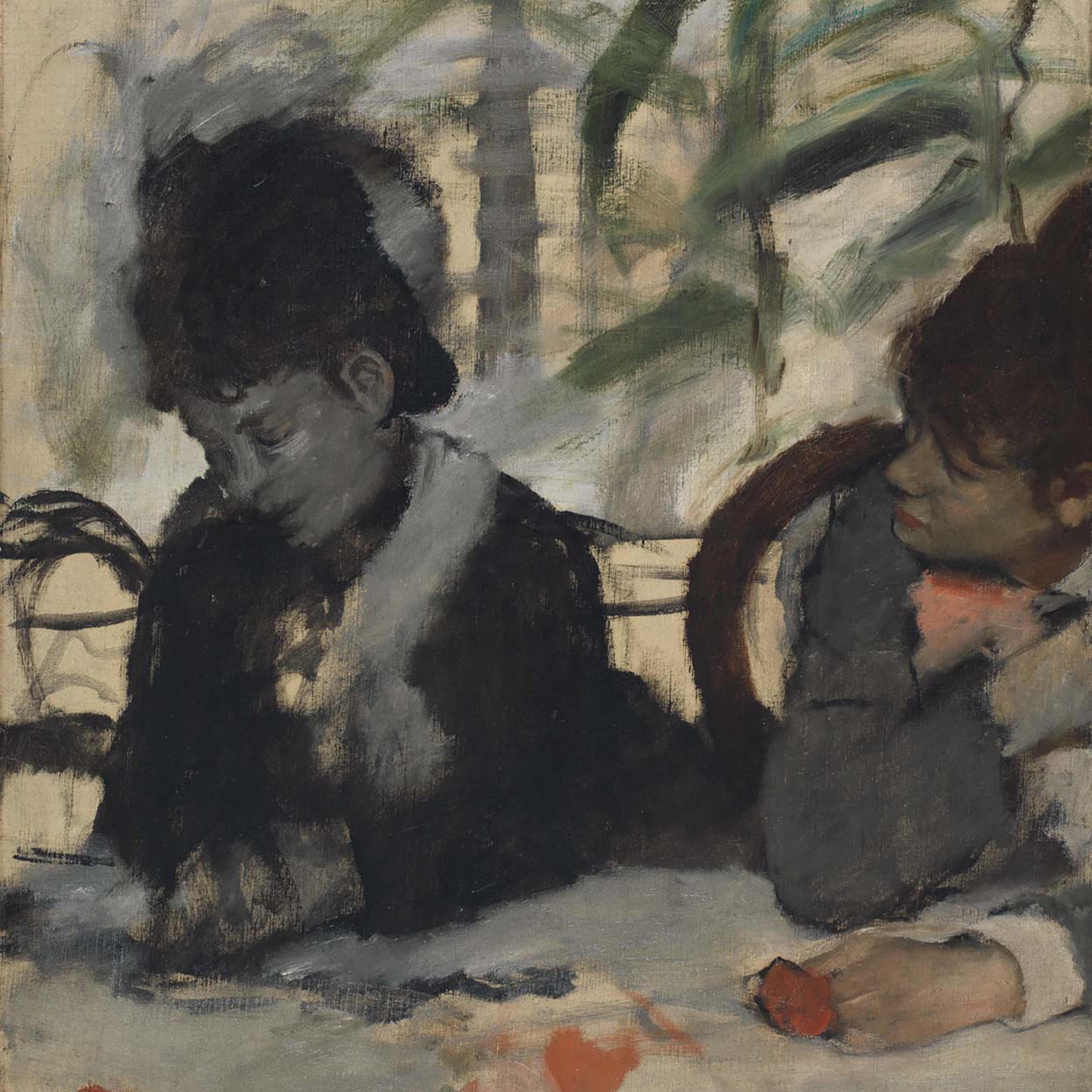 Painting of two people sitting at a table with blurred green foliage in the background, one person resting their head.