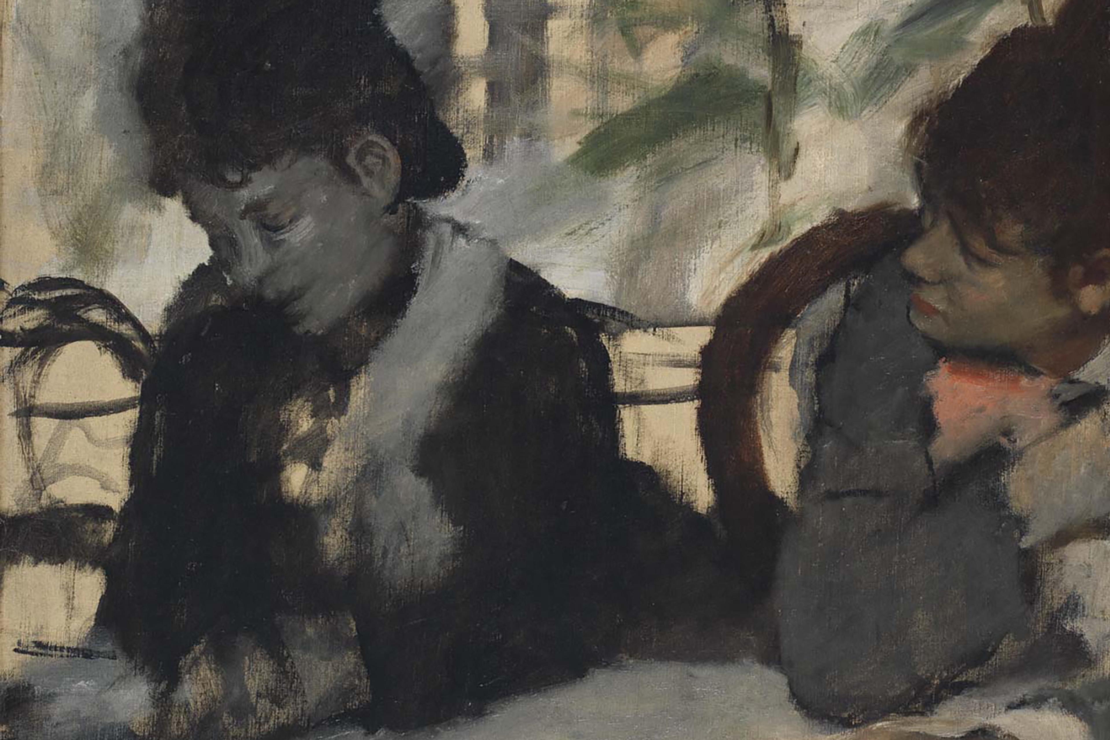 Painting of two people sitting at a table with blurred green foliage in the background, one person resting their head.