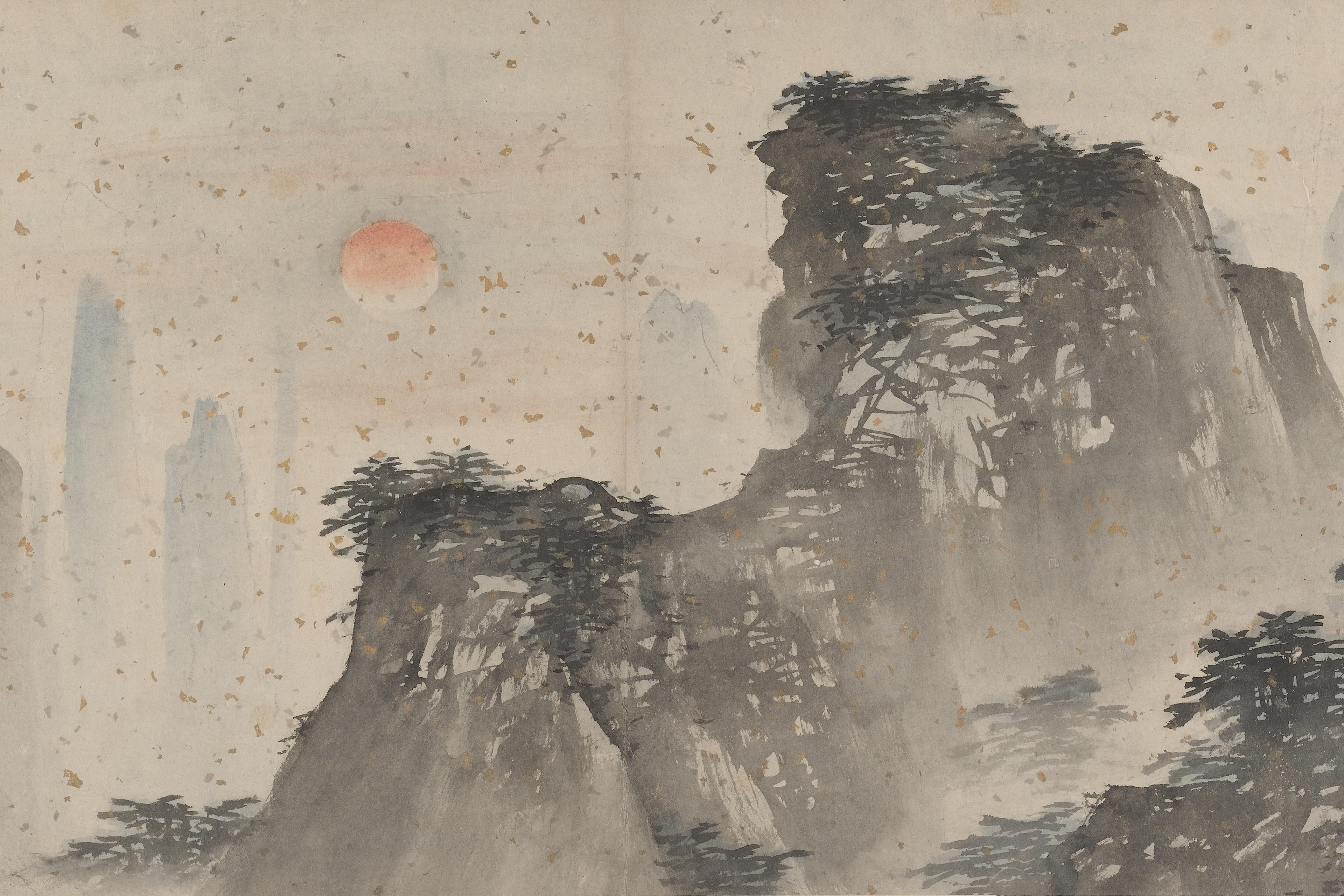 Ink painting of misty mountains with pine trees and an orange sun in the sky; grey and subtle colours dominate the scene.
