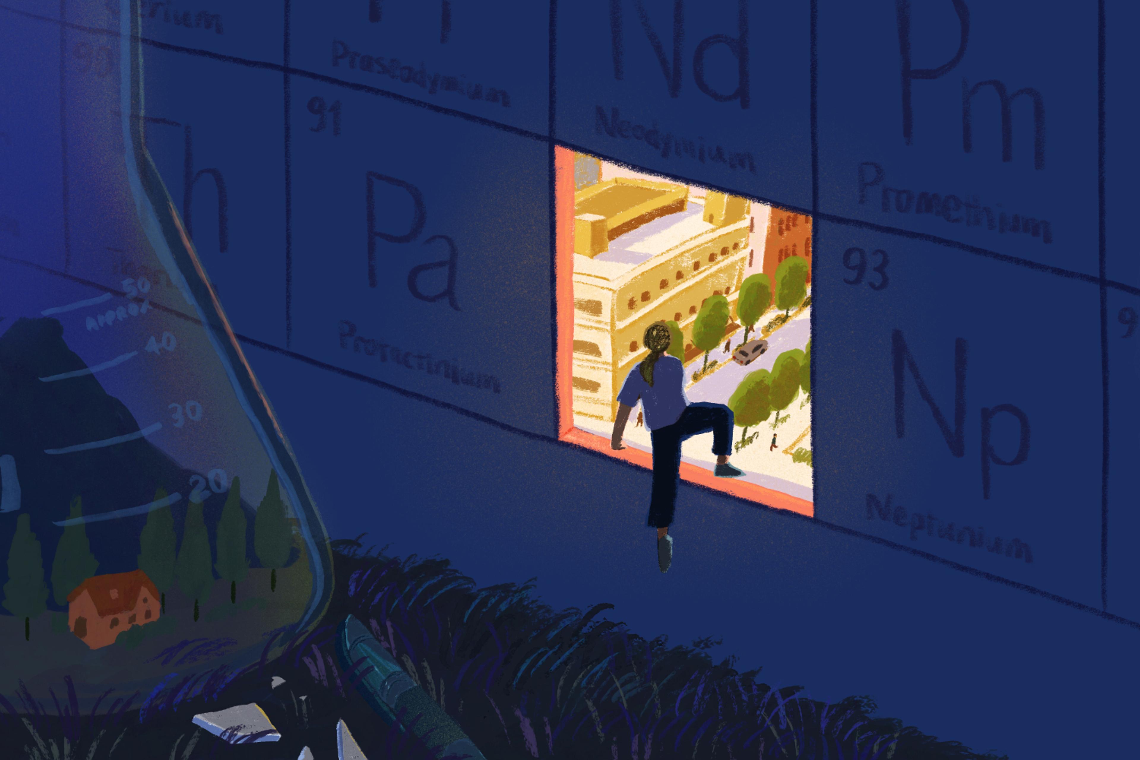 Illustration of person climbing through a window which takes the place of one square in a giant period table, through the window is a city scene.