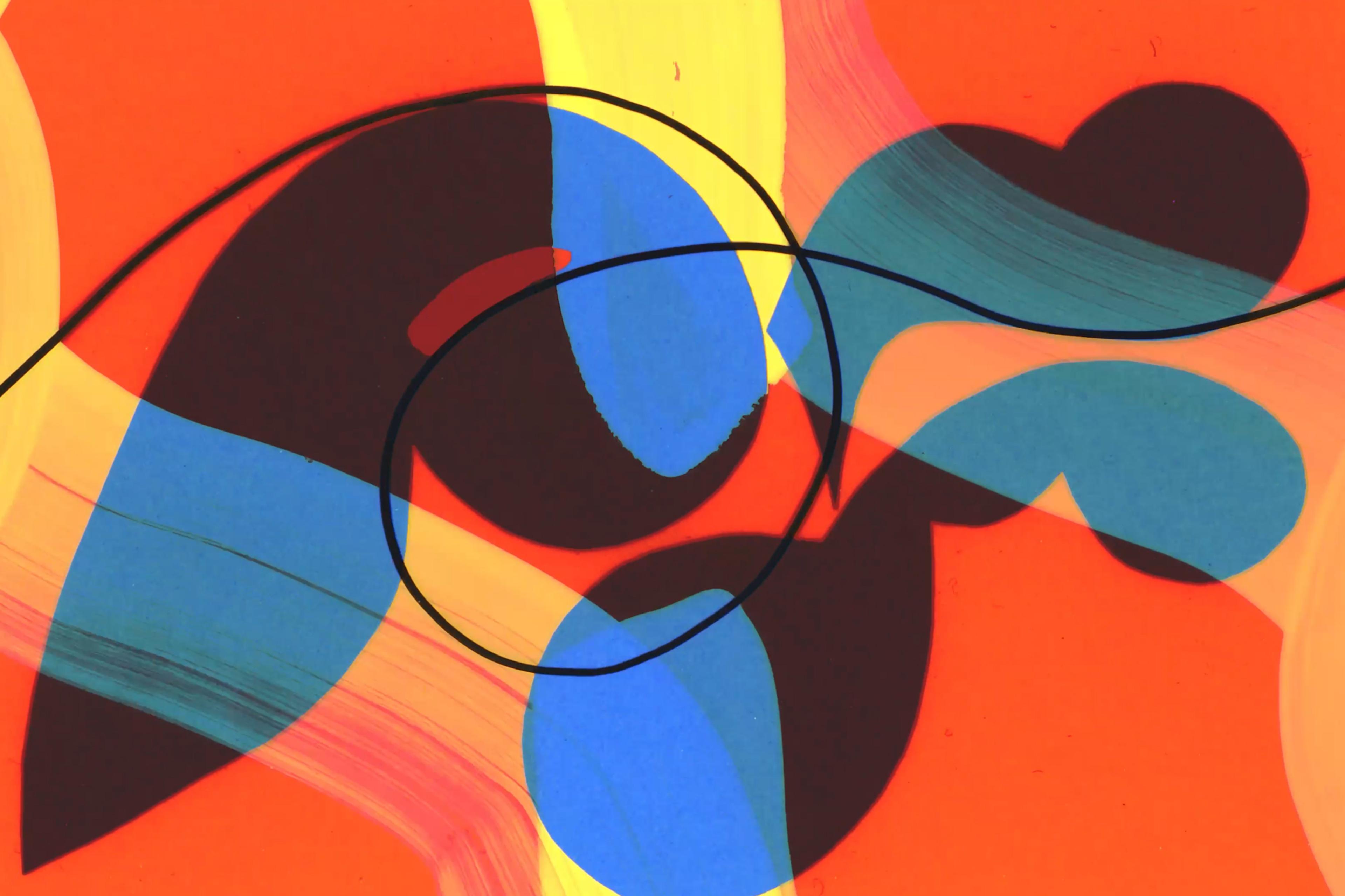 Abstract painting with bold orange, yellow, blue and black curves and shapes overlapping dynamically.