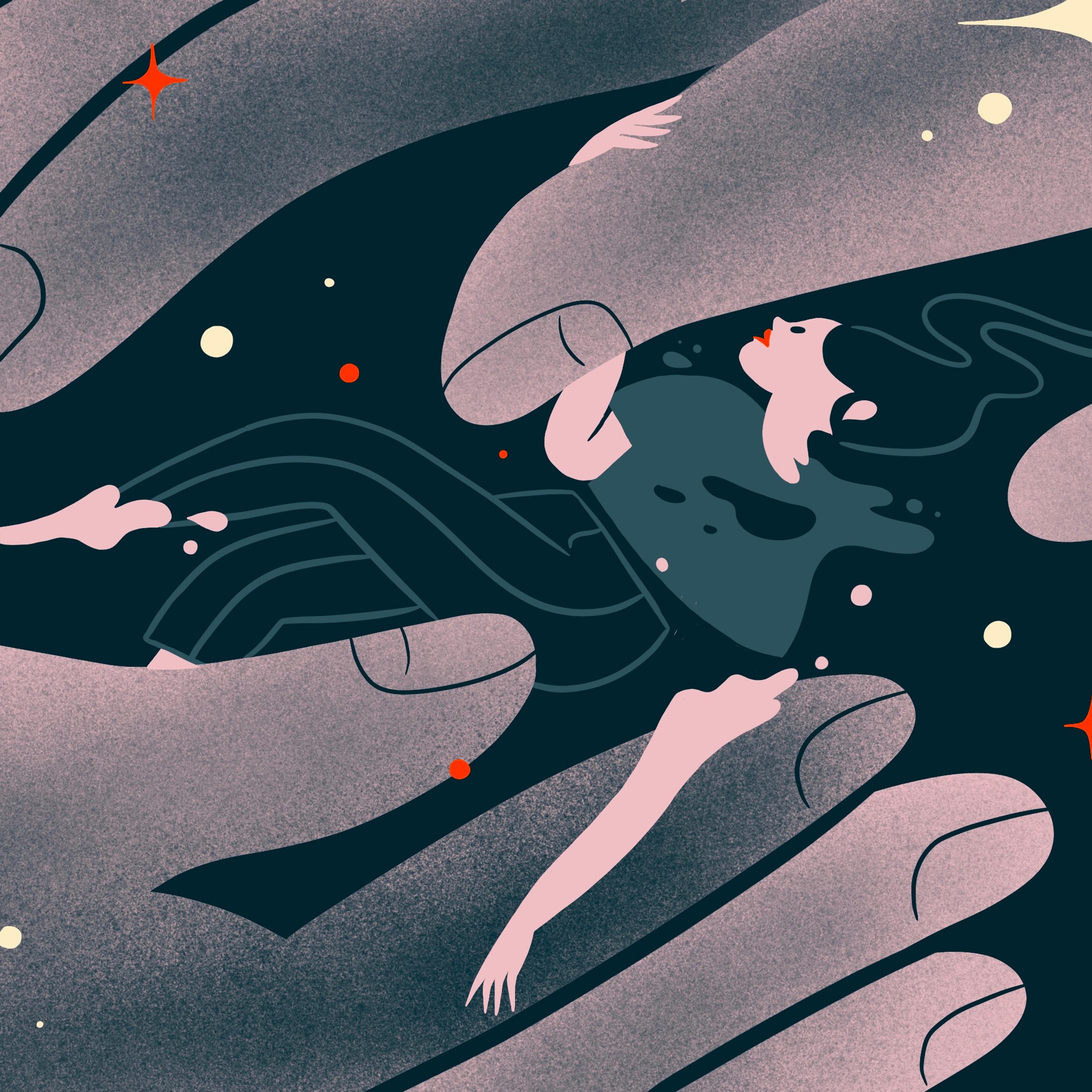 Illustration of a woman floating in space surrounded by large hands and small stars on a dark background.