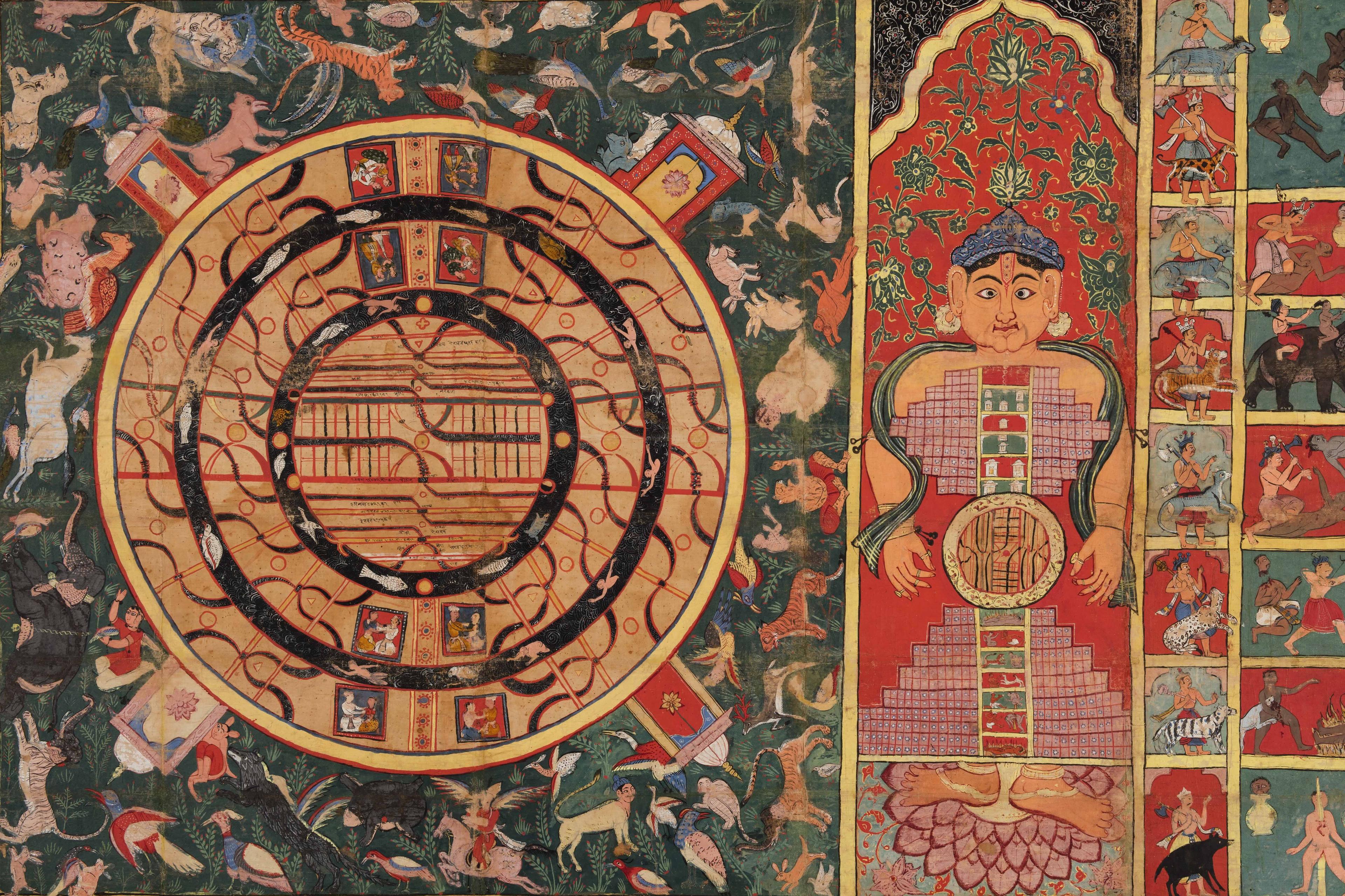 A painting depicting a cosmological diagram with an abstract human figure and various mythical creatures.