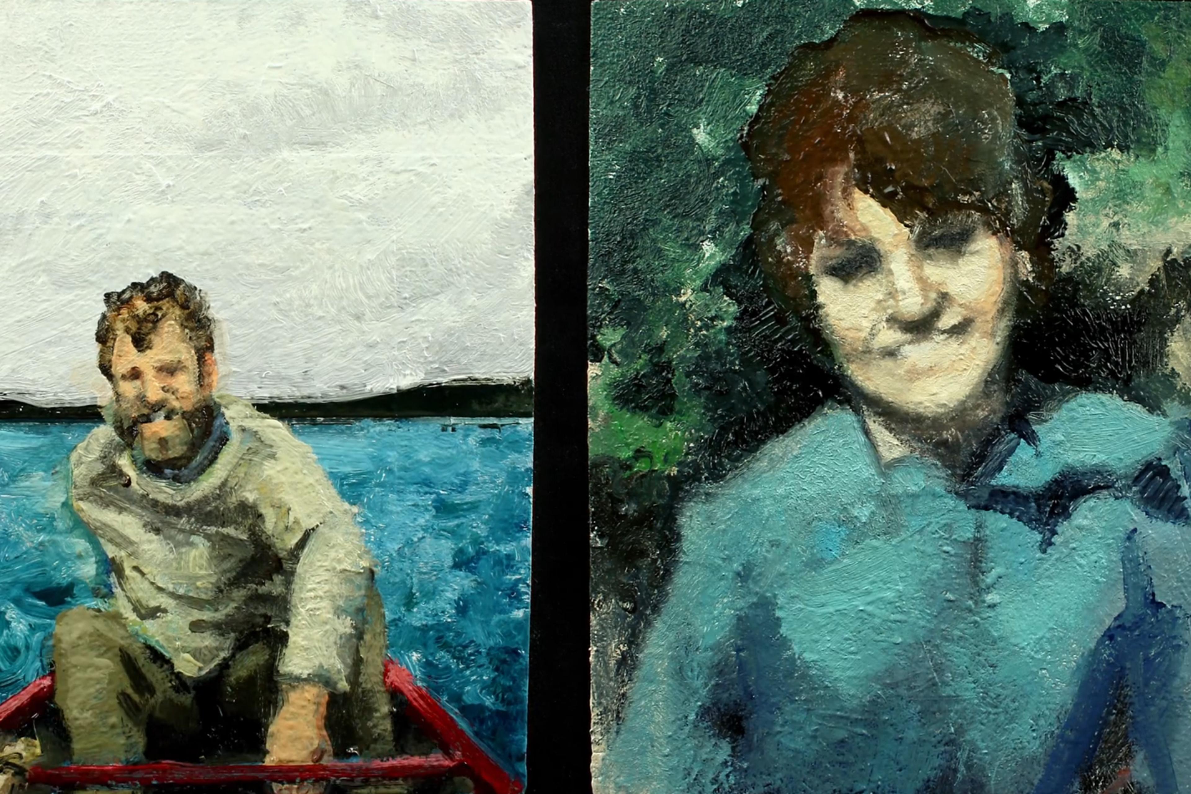 Oil painting diptych of a man rowing a boat and a woman in blue with a green background.