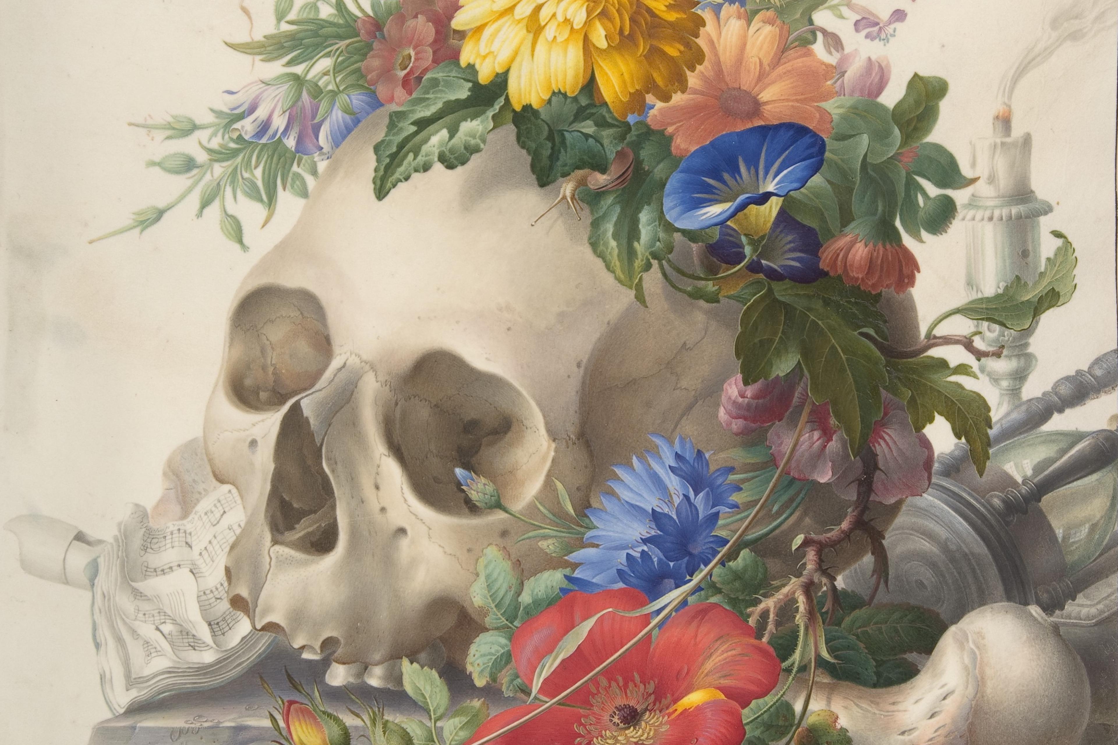 Painting of a skull adorned with colourful flowers, a butterfly, sheet music and a candle in the background.