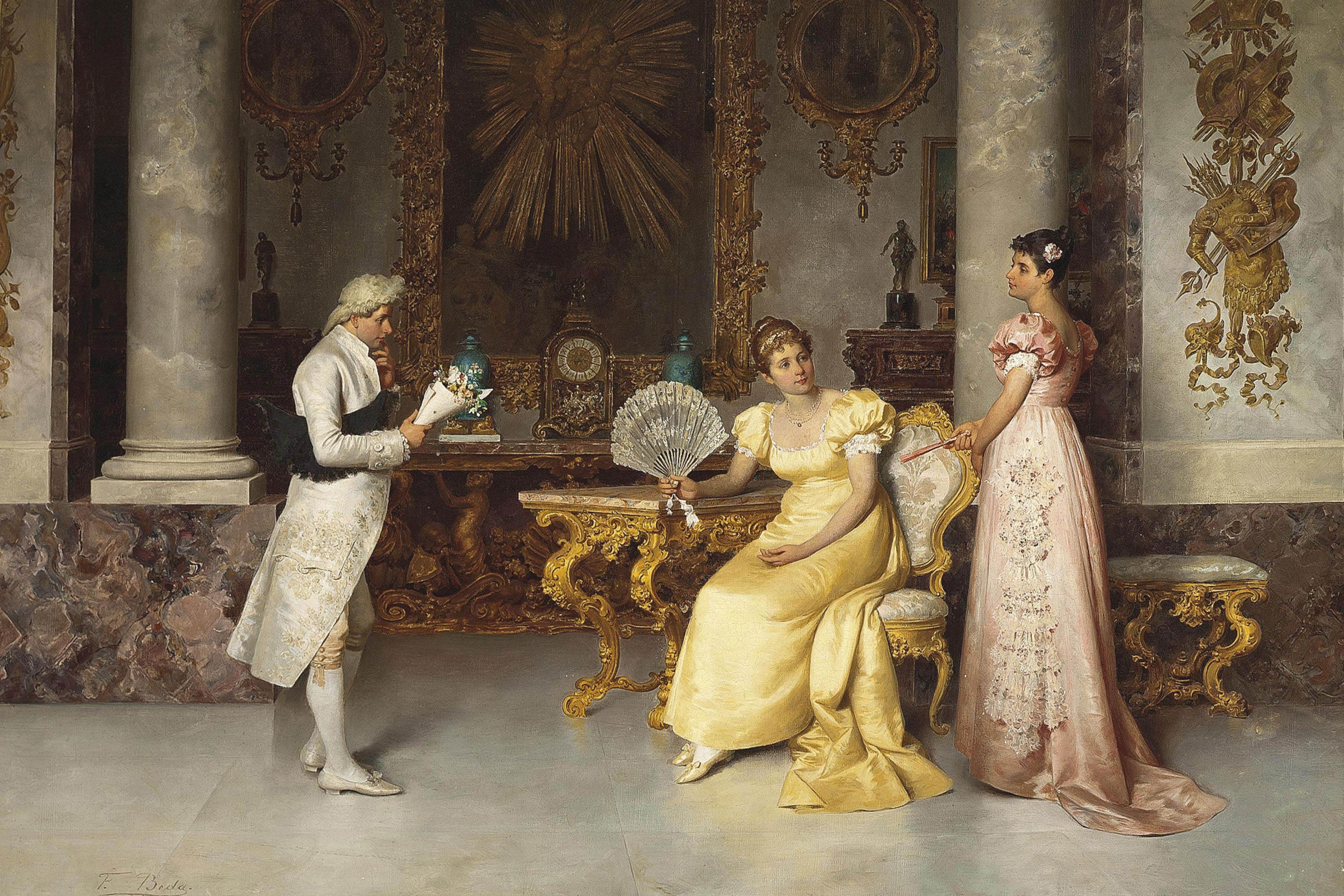 A classical painting of two women and a man in a lavishly decorated room with ornate furniture and clothing, 19th century style.