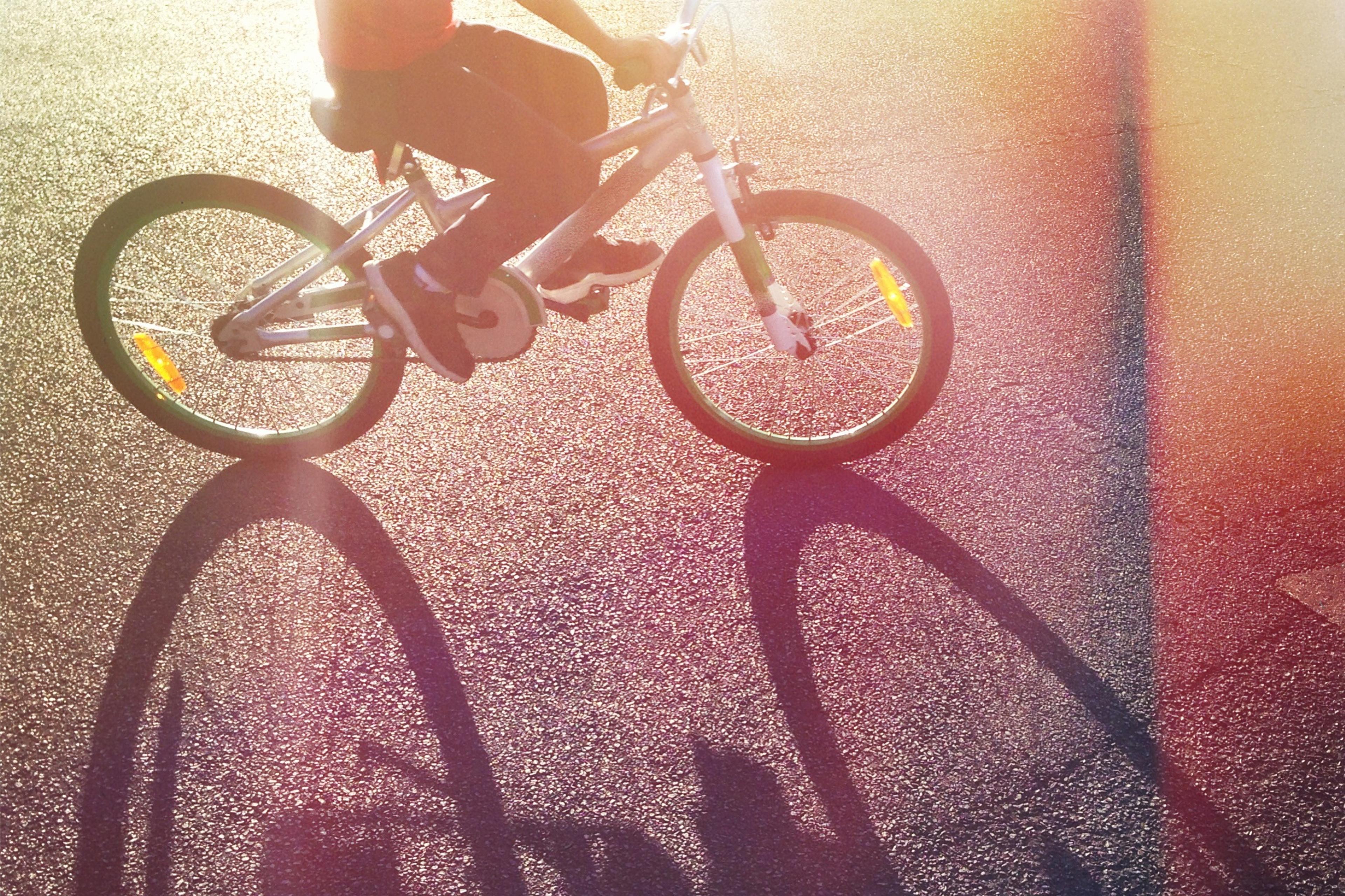 Photo of a cyclist casting dramatic shadows on sunlit pavement, with warm light flares creating a dreamy effect.