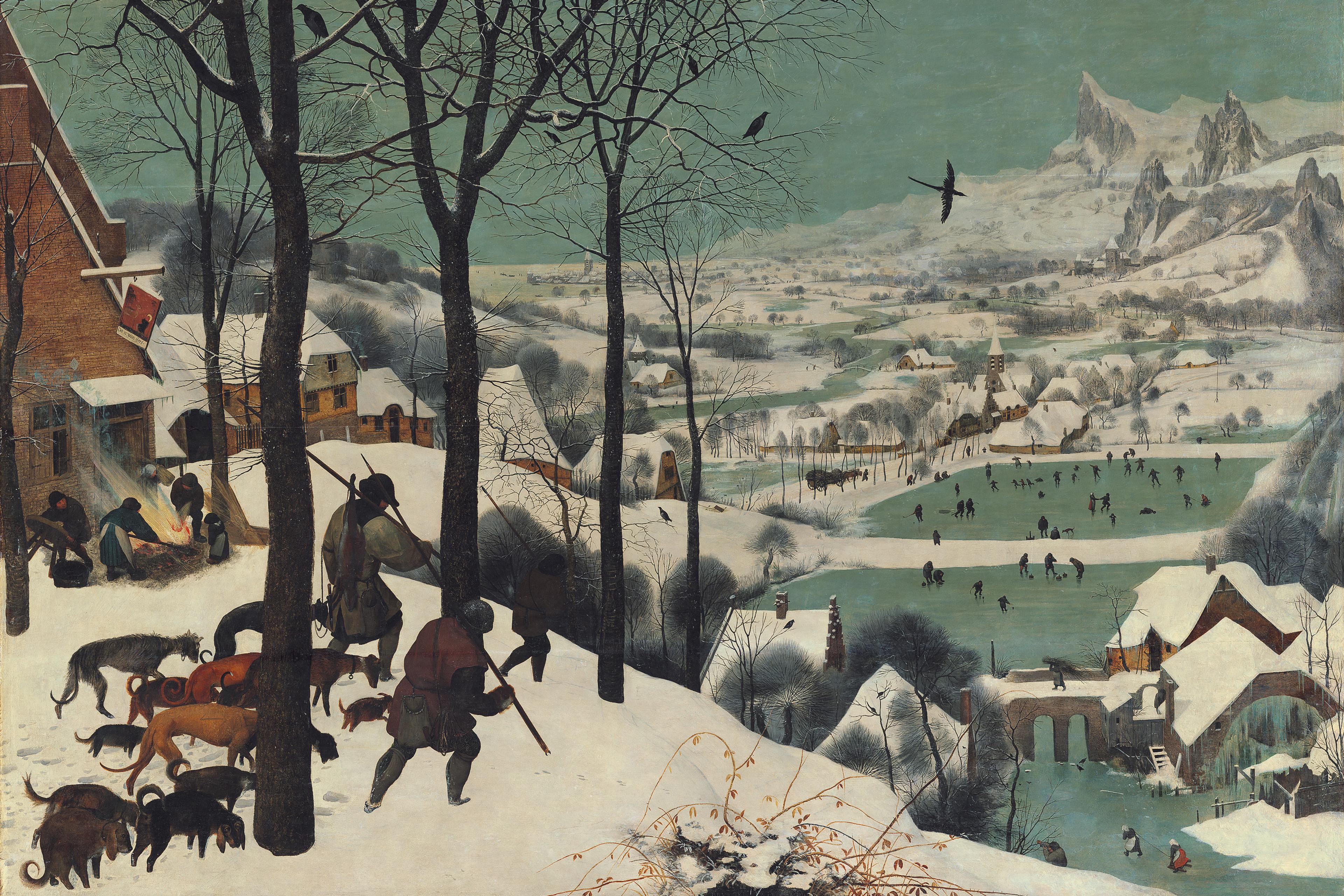 Painting of hunters and dogs in snowy landscape with a village and ice skaters in the background, trees and hills visible.