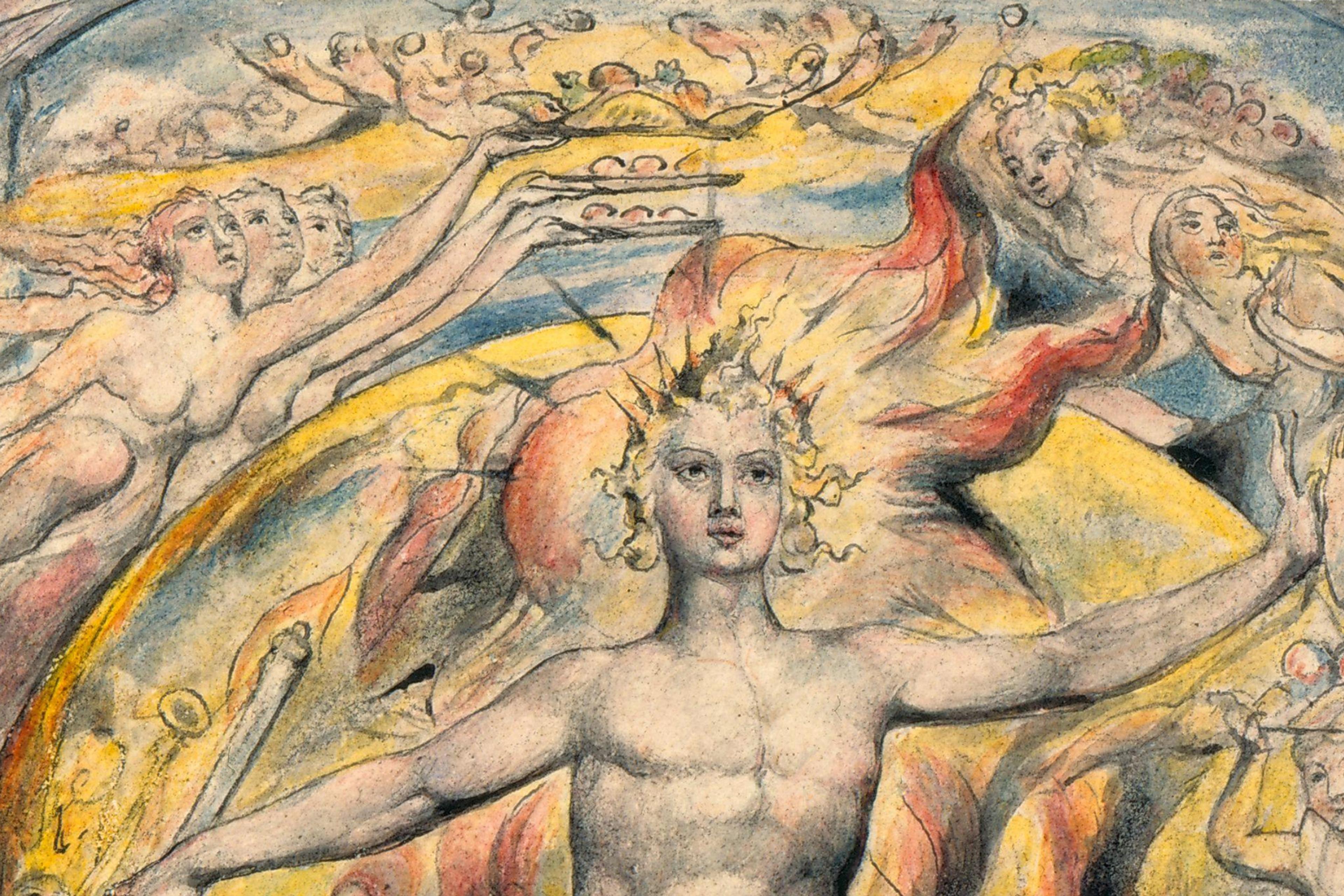 Surreal painting of a celestial figure surrounded by angels and clouds, with vivid colours and dynamic movement.