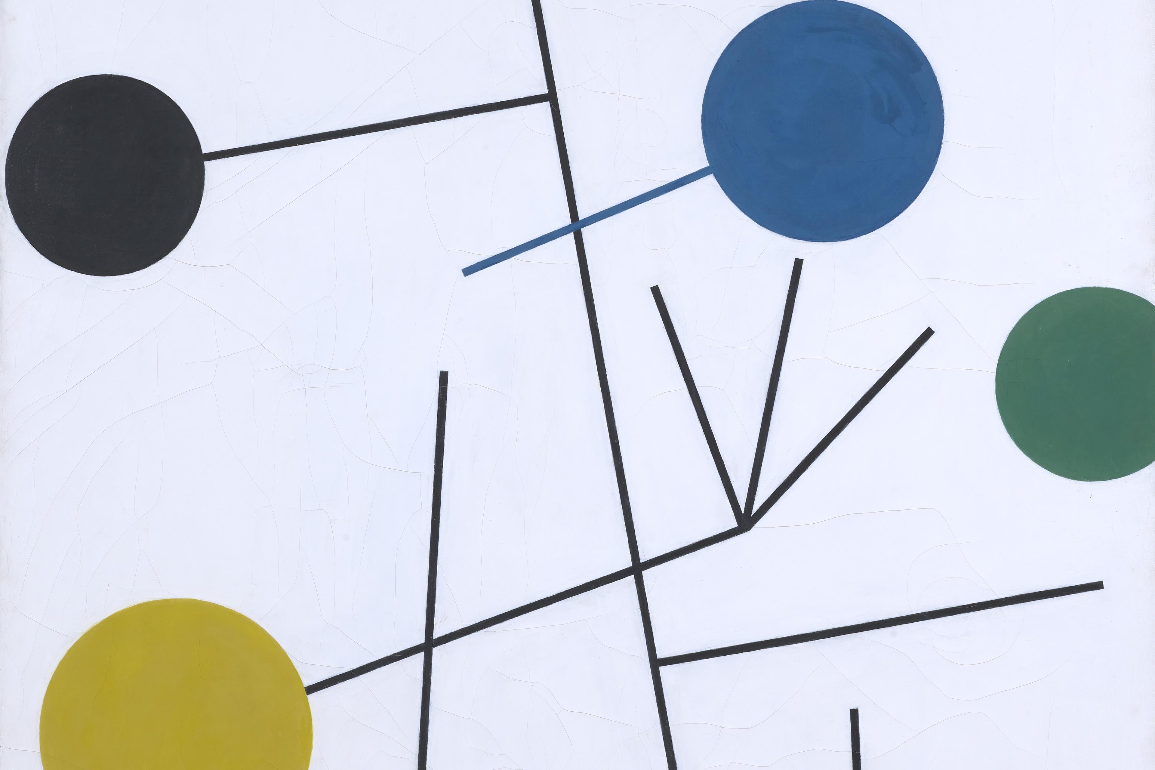 Abstract painting with geometric shapes: coloured circles and black lines on a white background.