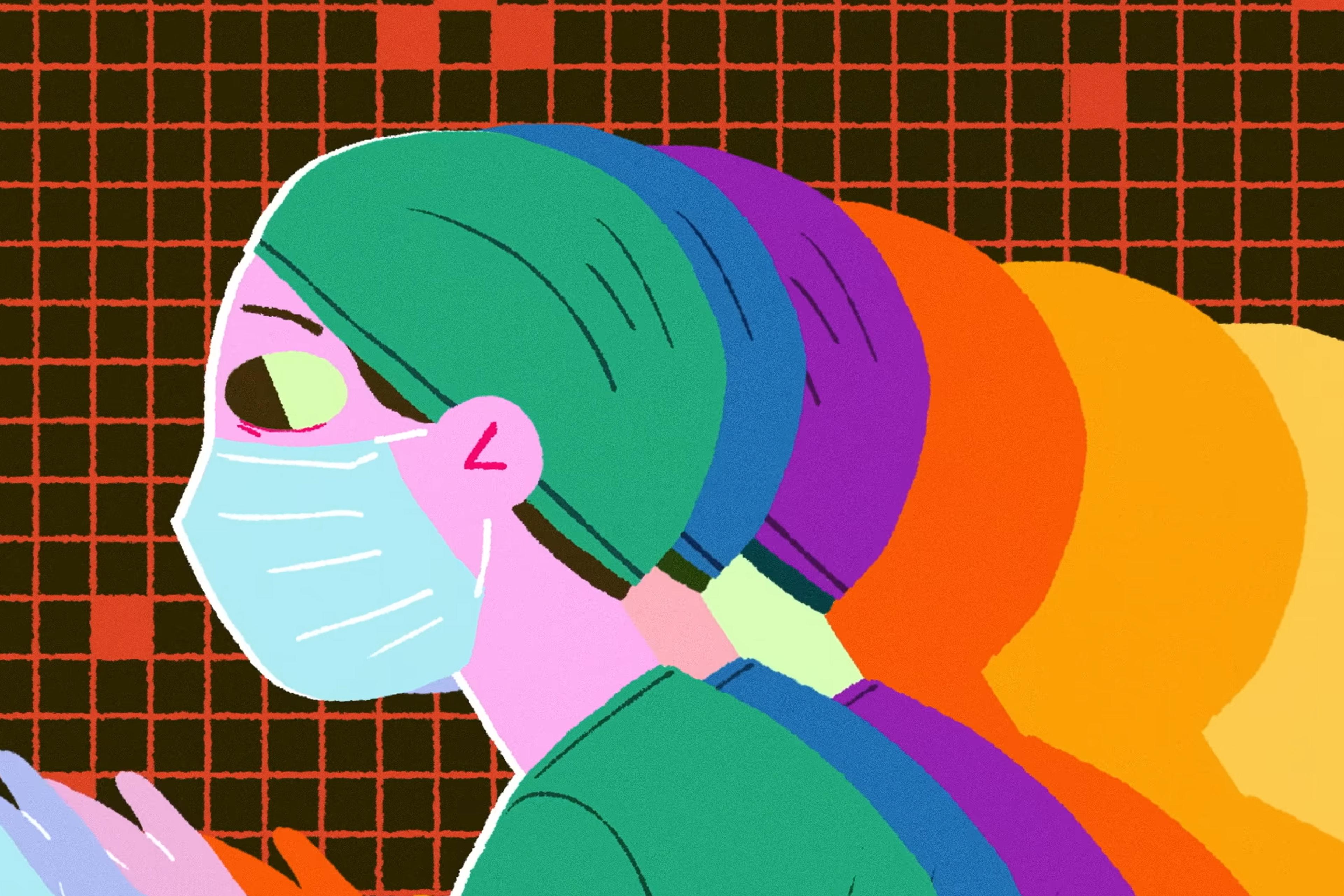 Illustration of a masked healthcare worker in multiple colours against a pixelated background.