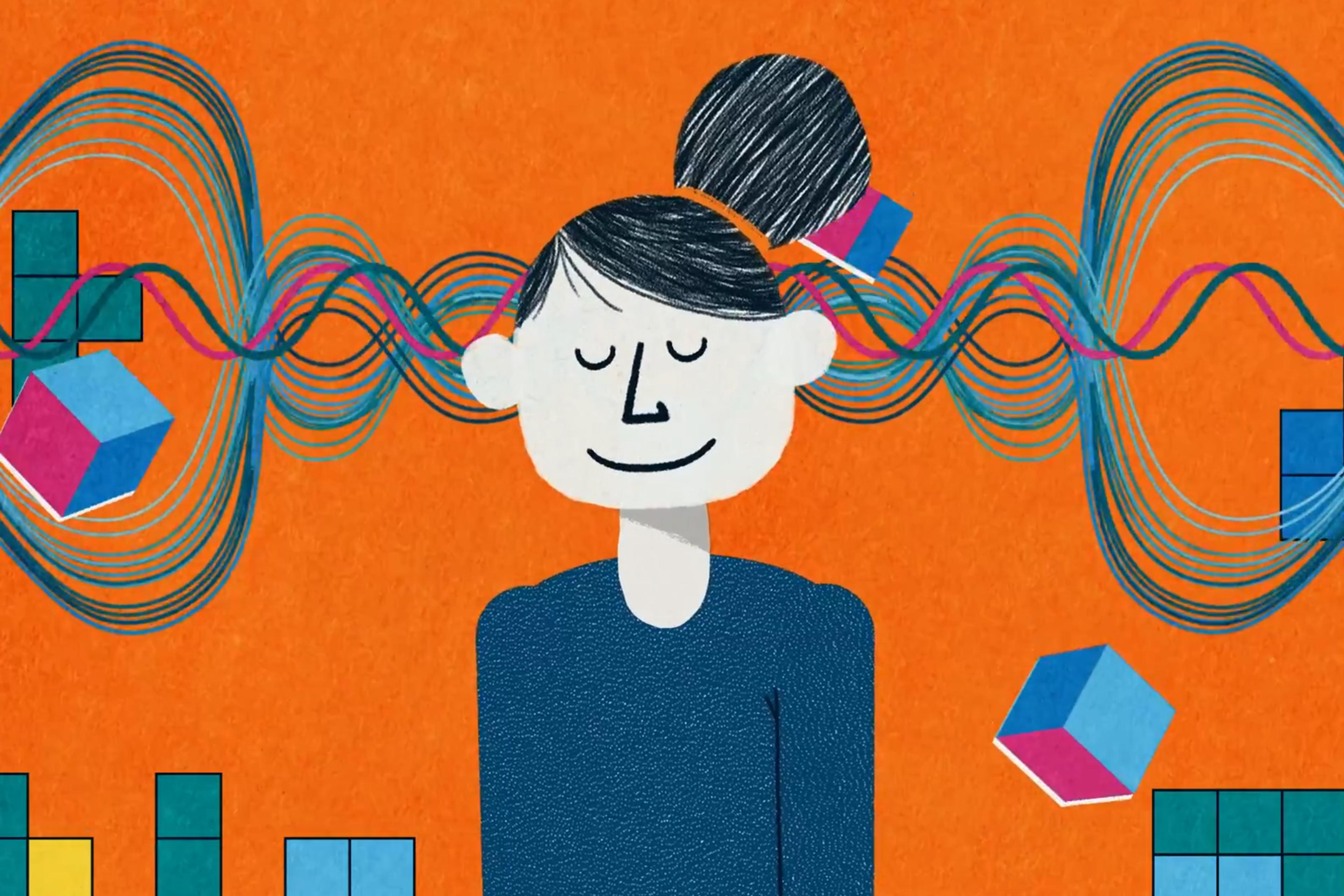 Illustration of a person with eyes closed, surrounded by colourful waves and geometric shapes on an orange background.