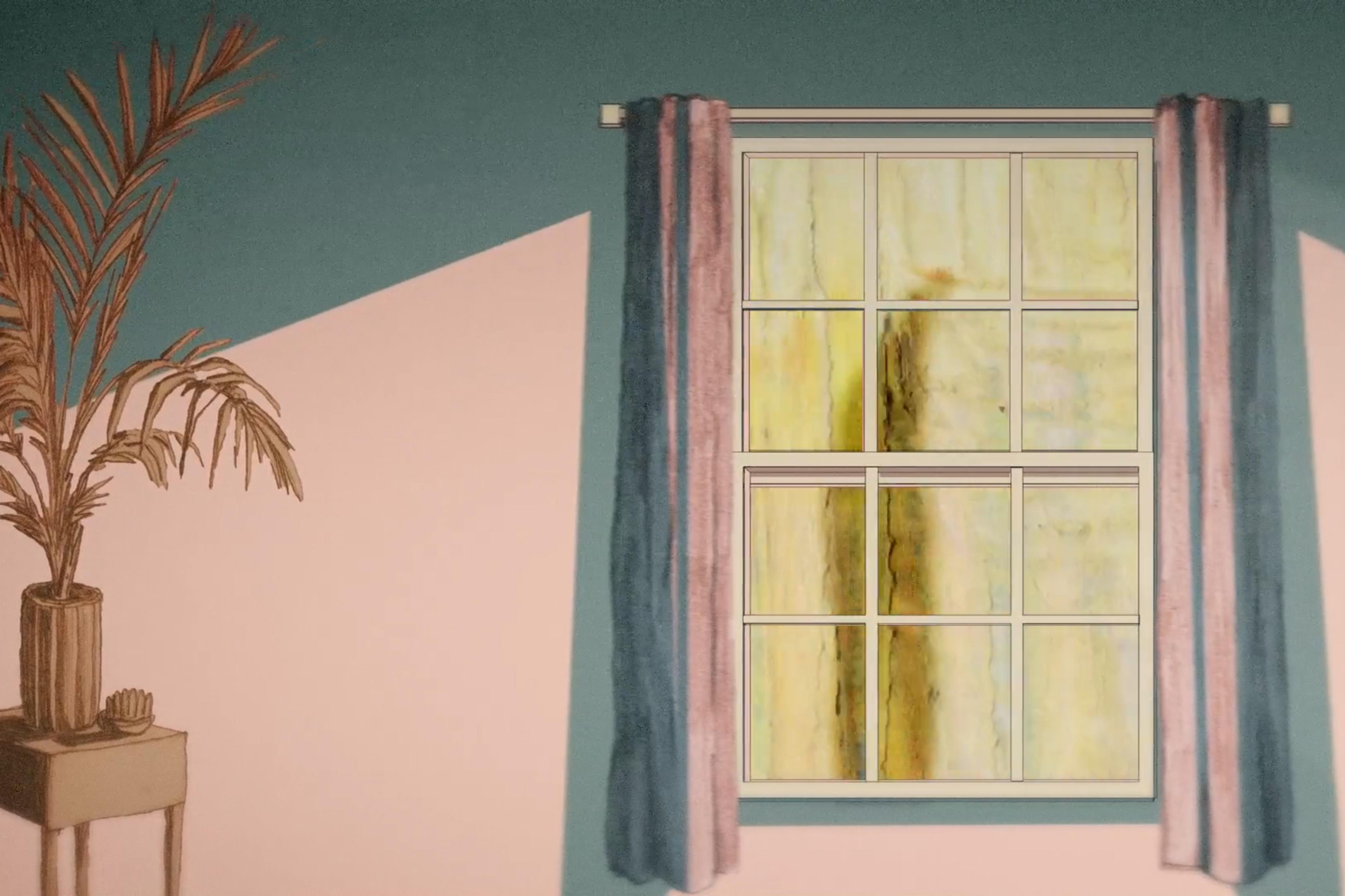 Illustration of a room with a plant on a table, soft coloured walls and a window with curtains.
