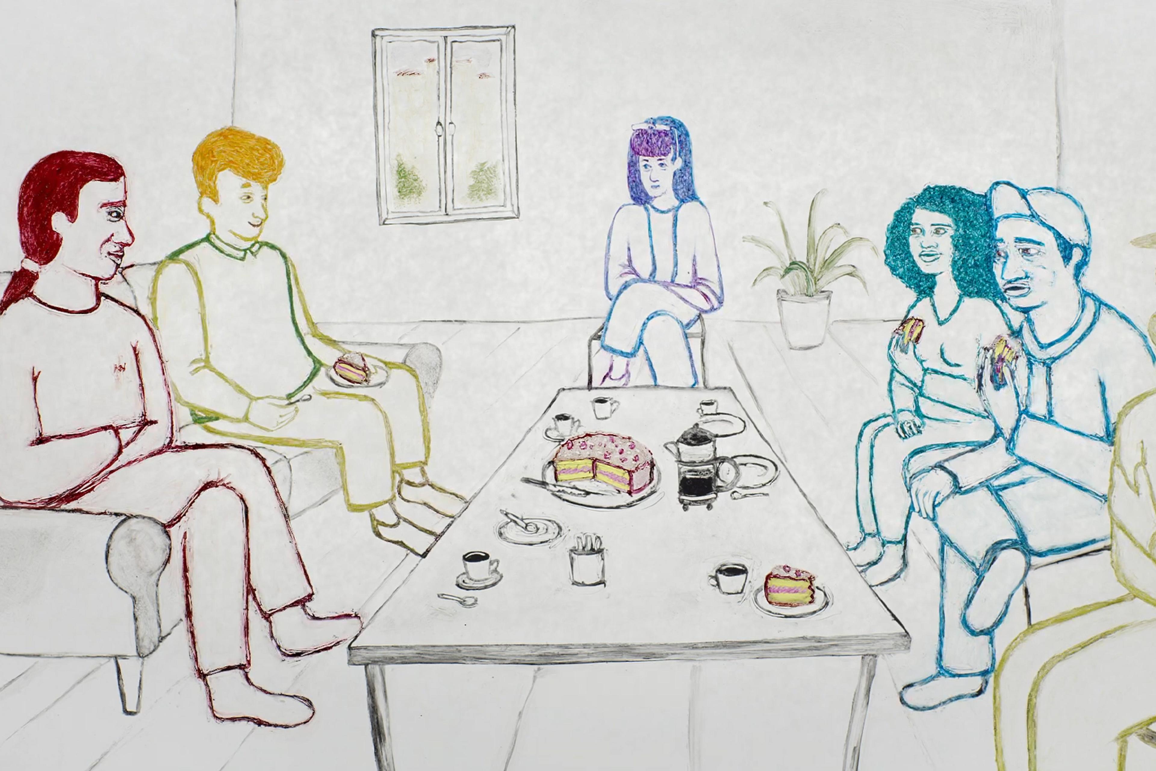 Drawing of six people in a living room having tea and cake around a table, with a window and plant in the background.