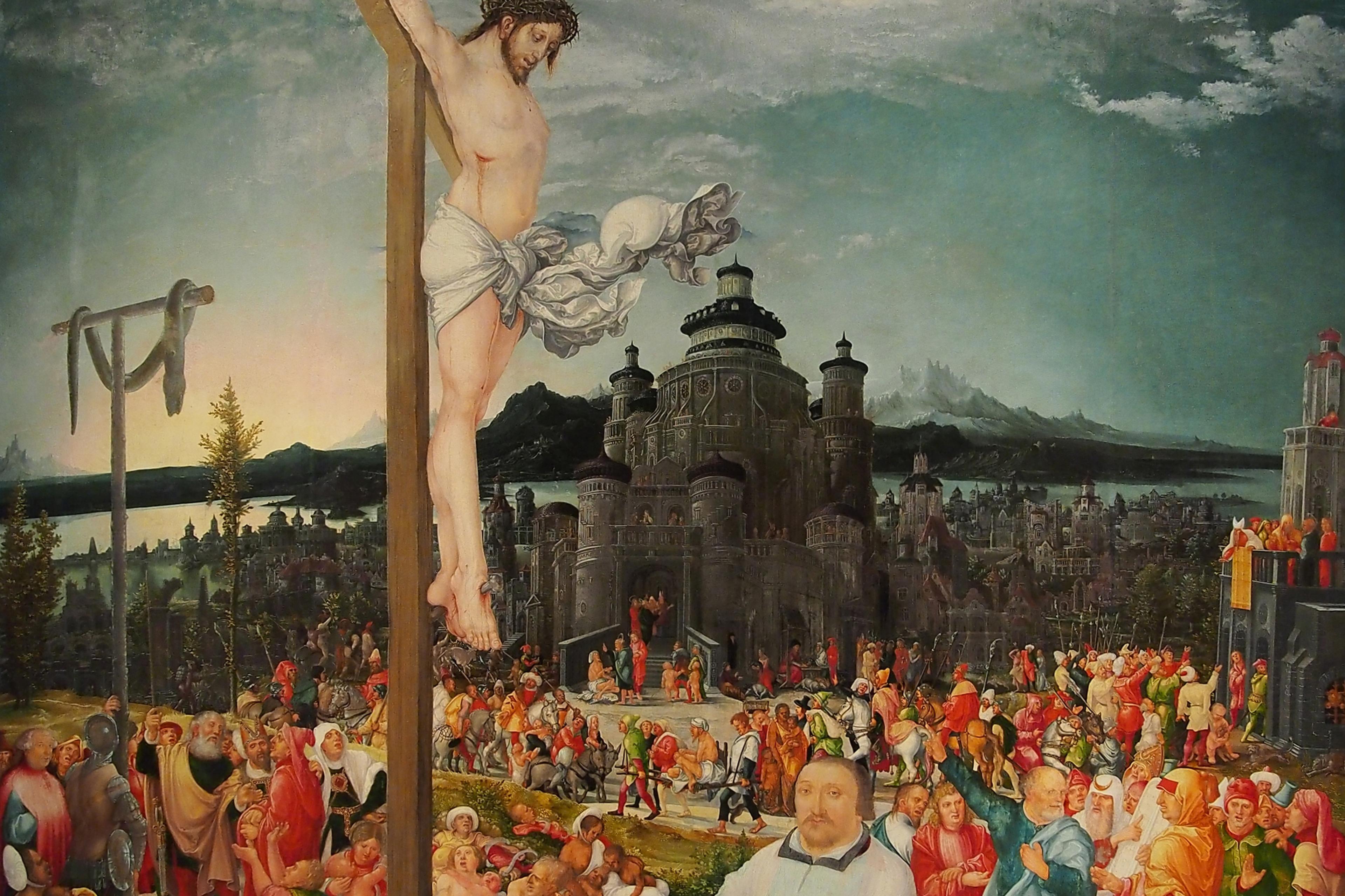 Painting of a crucifixion scene with a large crowd, a detailed medieval cityscape with mountains and a lake in the background.