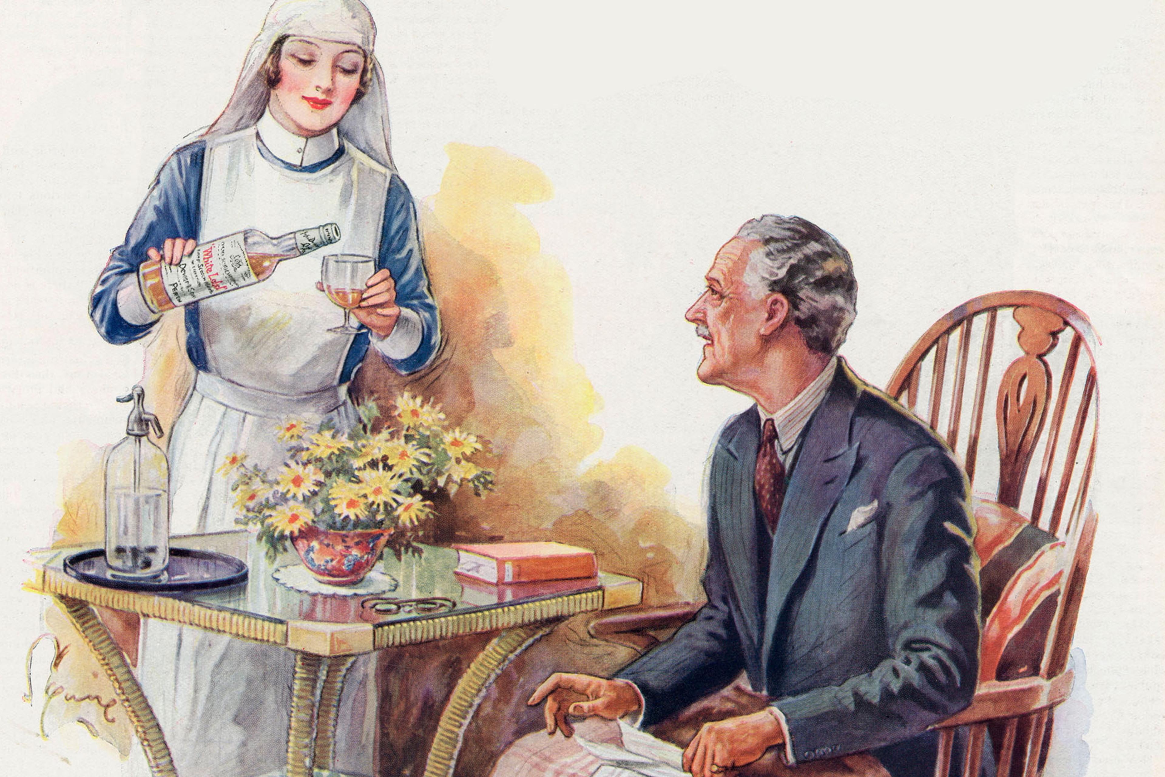 Illustration of a nurse pouring a drink for a seated man at a table with flowers and a book.