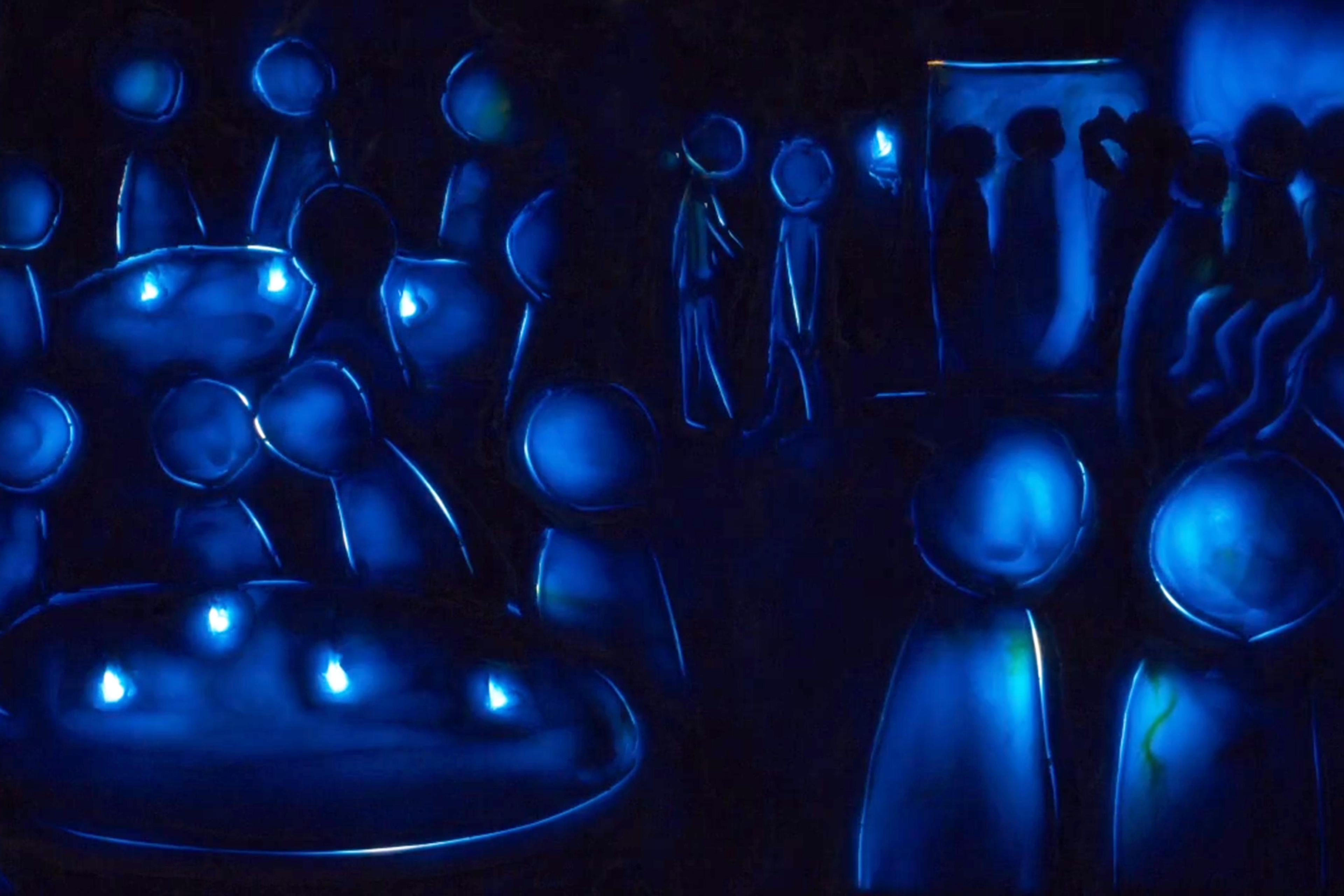 Abstract blue figures in a dark room; some sitting around tables with candles, others standing or sitting on a bar counter. The image signifies a lively, crowded bar during a power outage.
