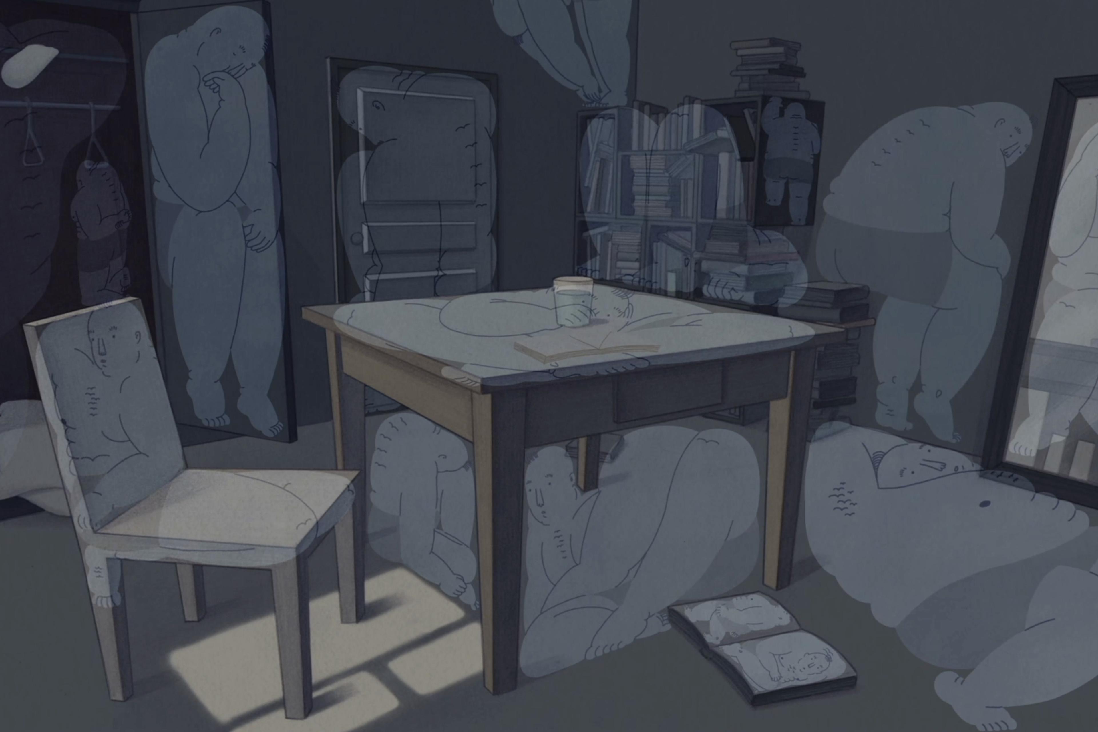 A dark room with a table, chair, bookshelves, and numerous faint, ghostly figures sketched on furniture, walls, and floor.