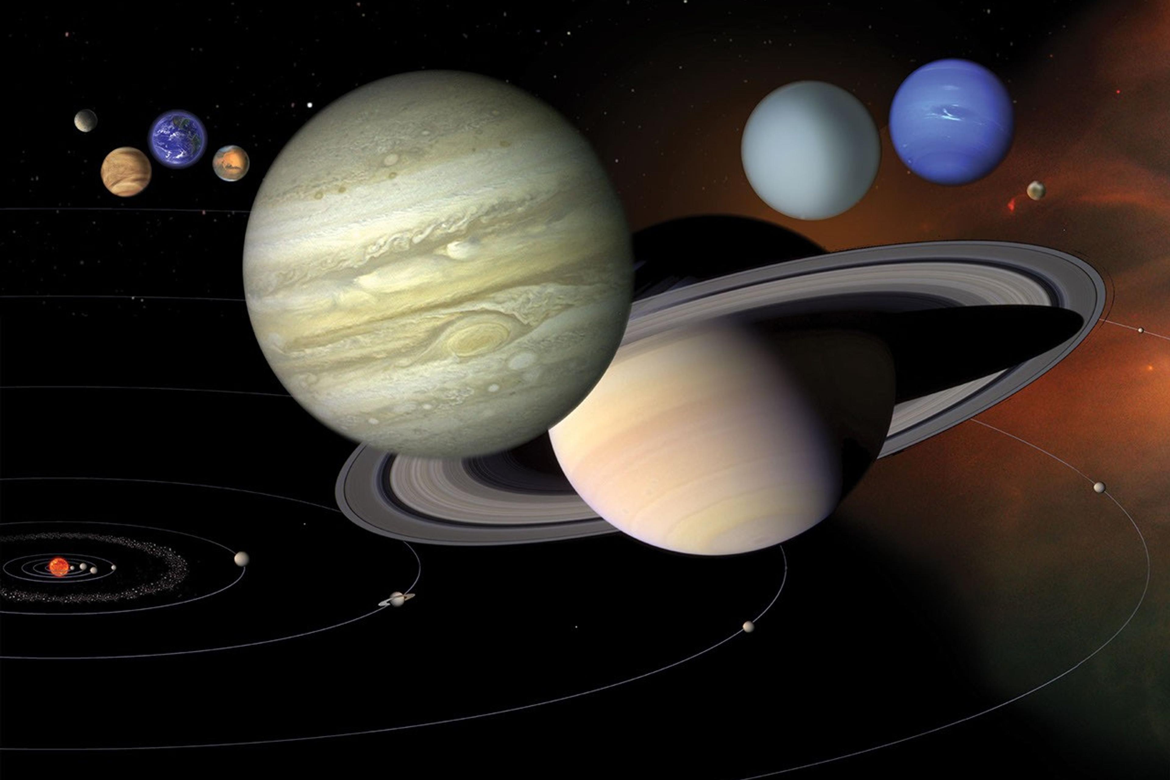 Illustration of the solar system with planets in order of distance from the Sun on a dark background.