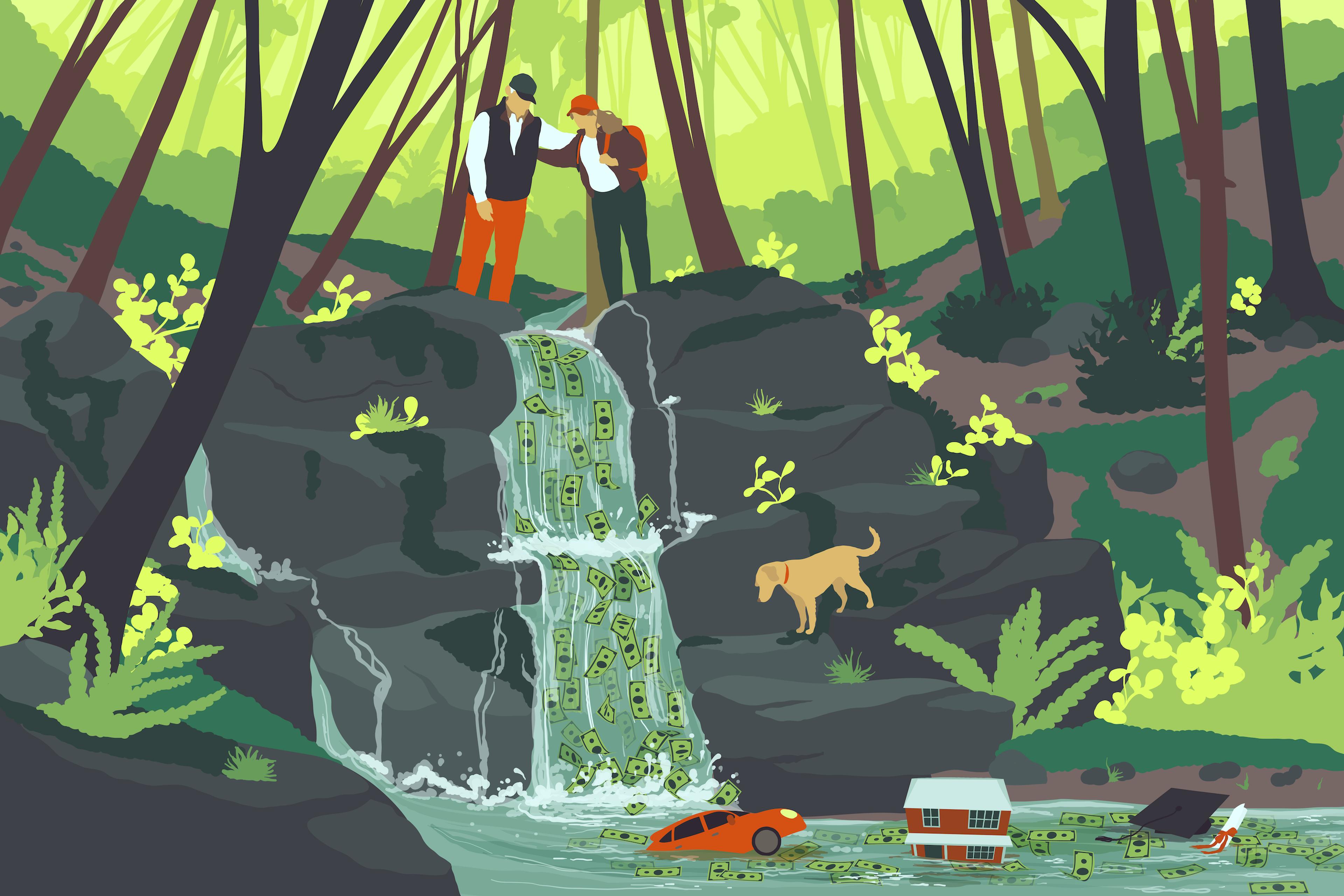 Illustration of two people standing in a forest, at the top of a waterfall, with a dog below; money is washing away down the waterfall into a pond, as well as a car and house pictured in the pond below.