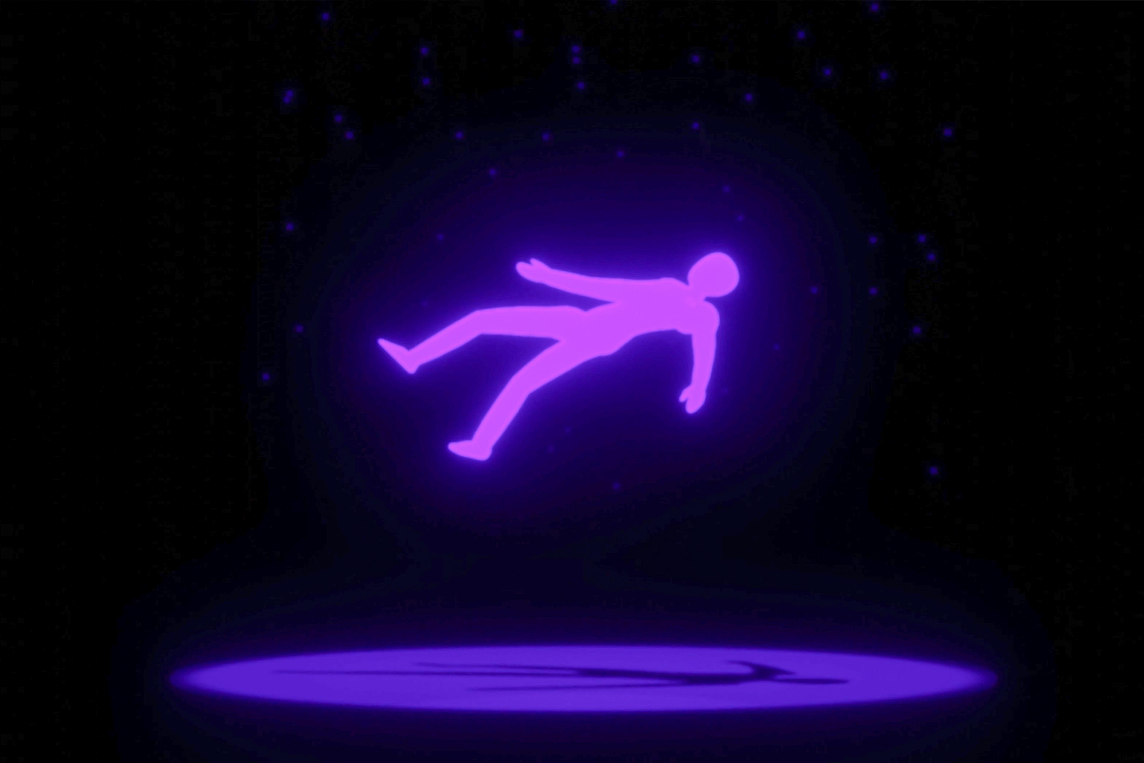Digital art of a glowing purple figure floating against a dark background with small blue dots.
