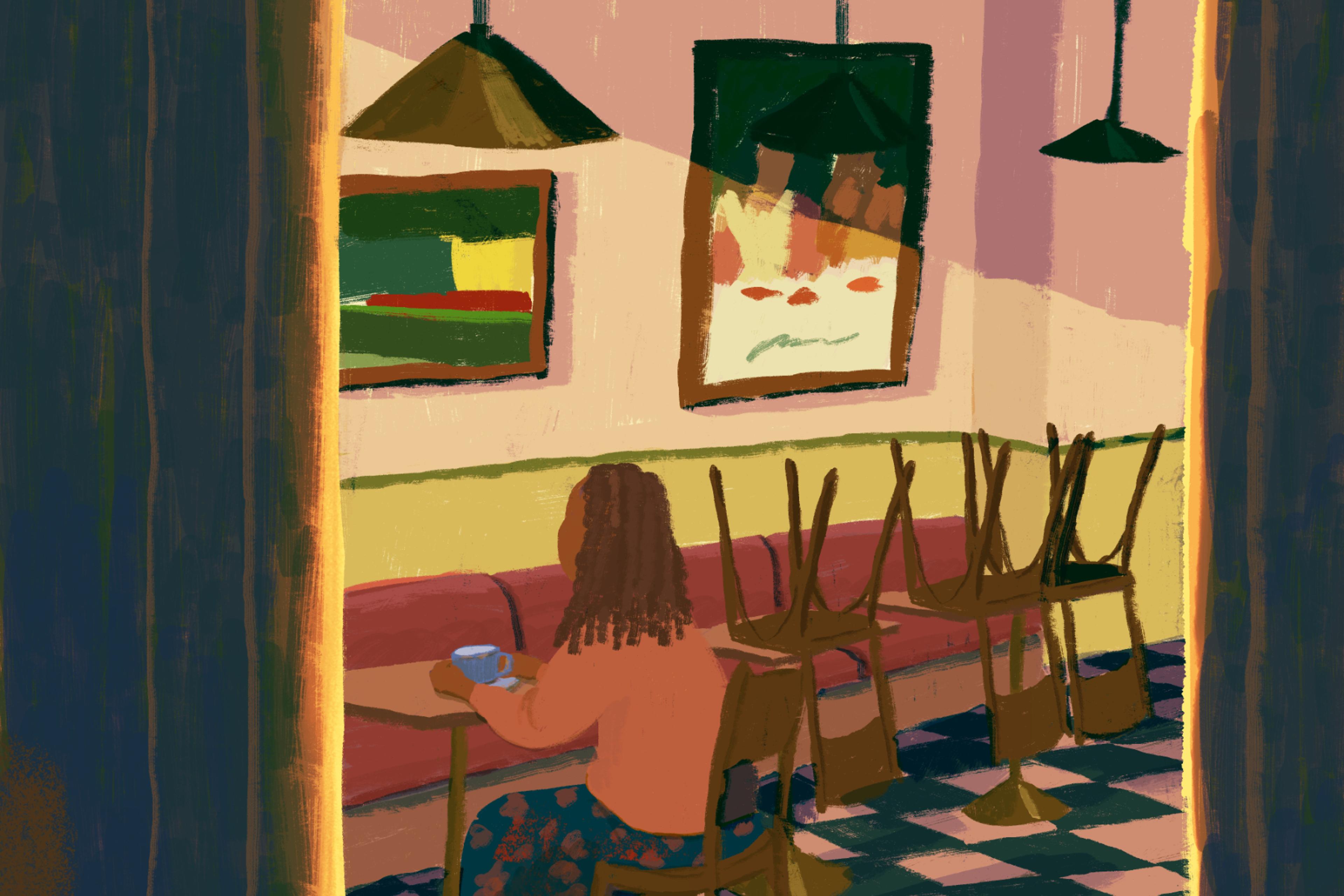 Painting of a cafe interior with a person sitting alone holding a cup tables stacked chairs on checkered floor.