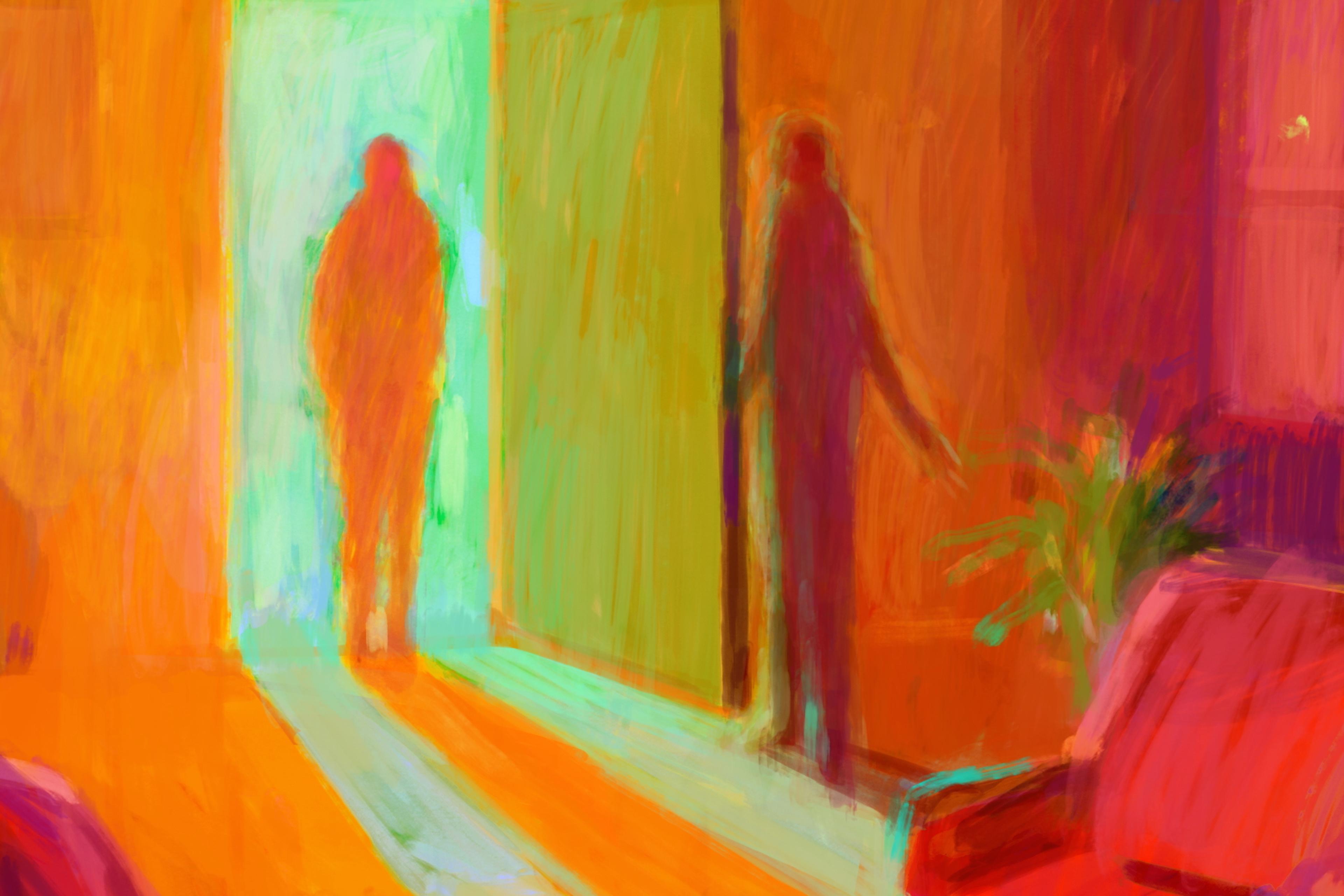 Abstract painting of two figures near a brightly lit doorway with vivid orange and teal tones, interior includes a chair.