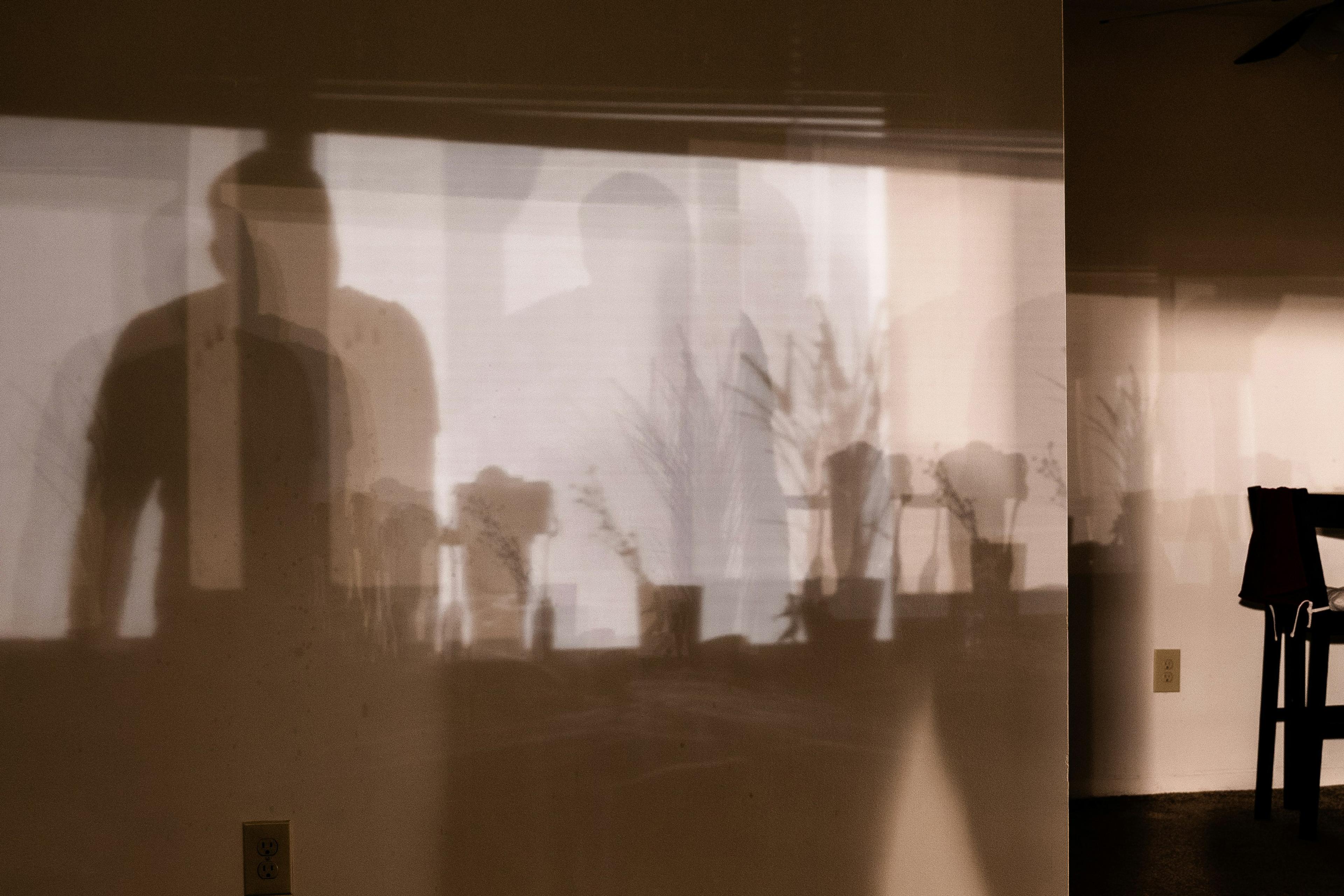 Shadows on a wall, showing silhouettes of people and plants. A chair and a plug socket are partially visible.