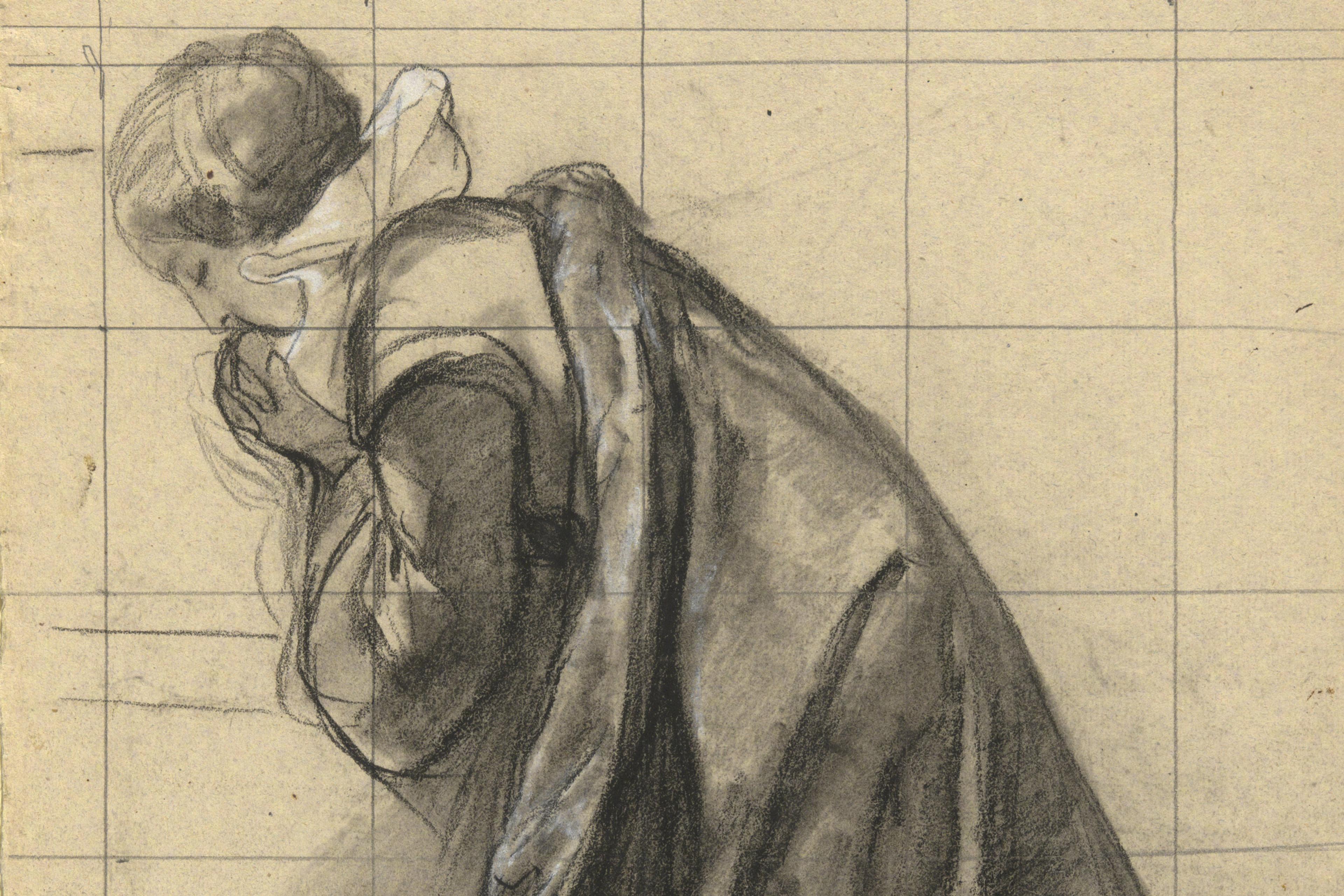 Sketch of a woman in historic attire with hands clasped, head bowed, drawn on gridded paper.