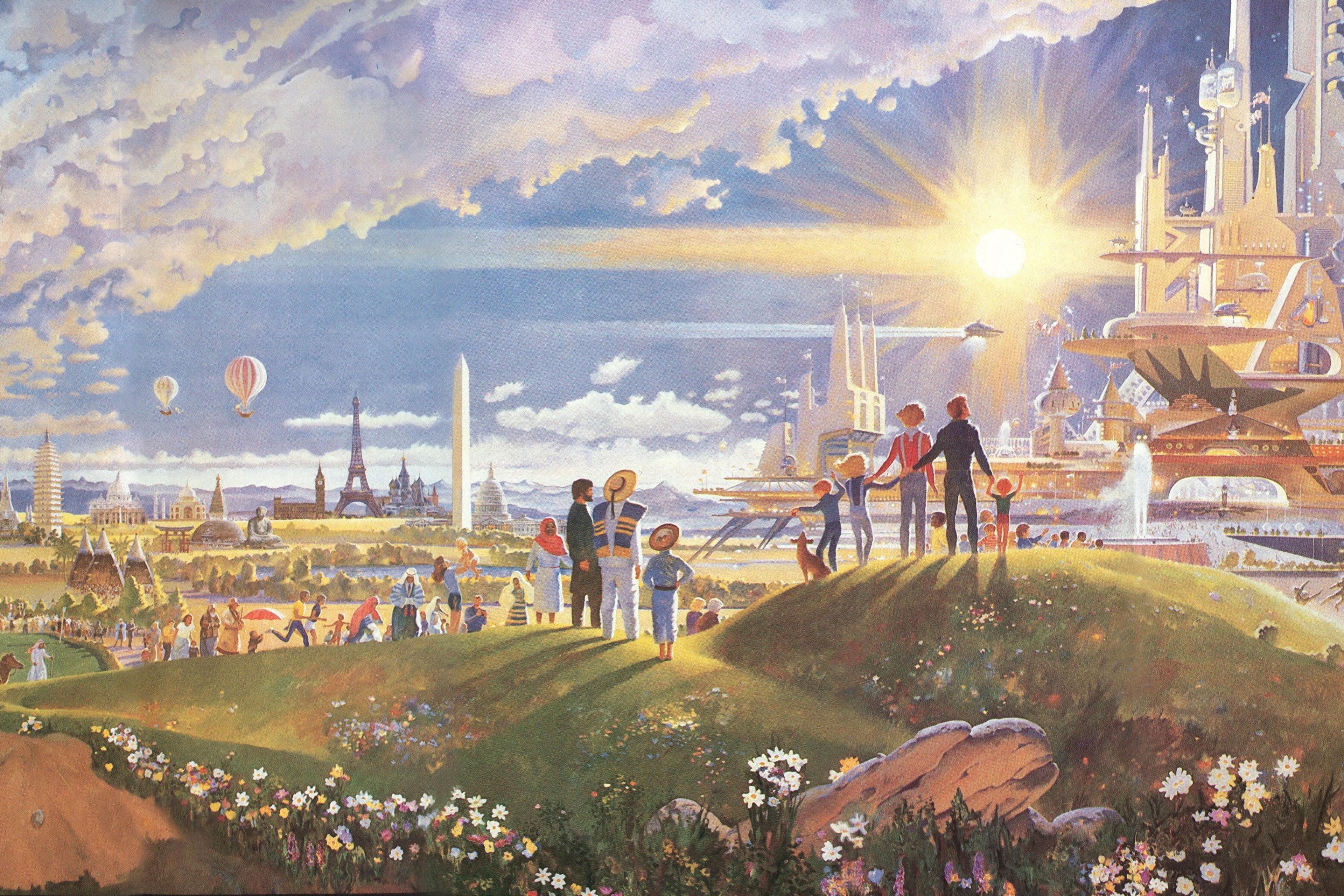 Futuristic painting with diverse people on a hill overlooking a cityscape blending nature, ancient monuments and advanced tech.