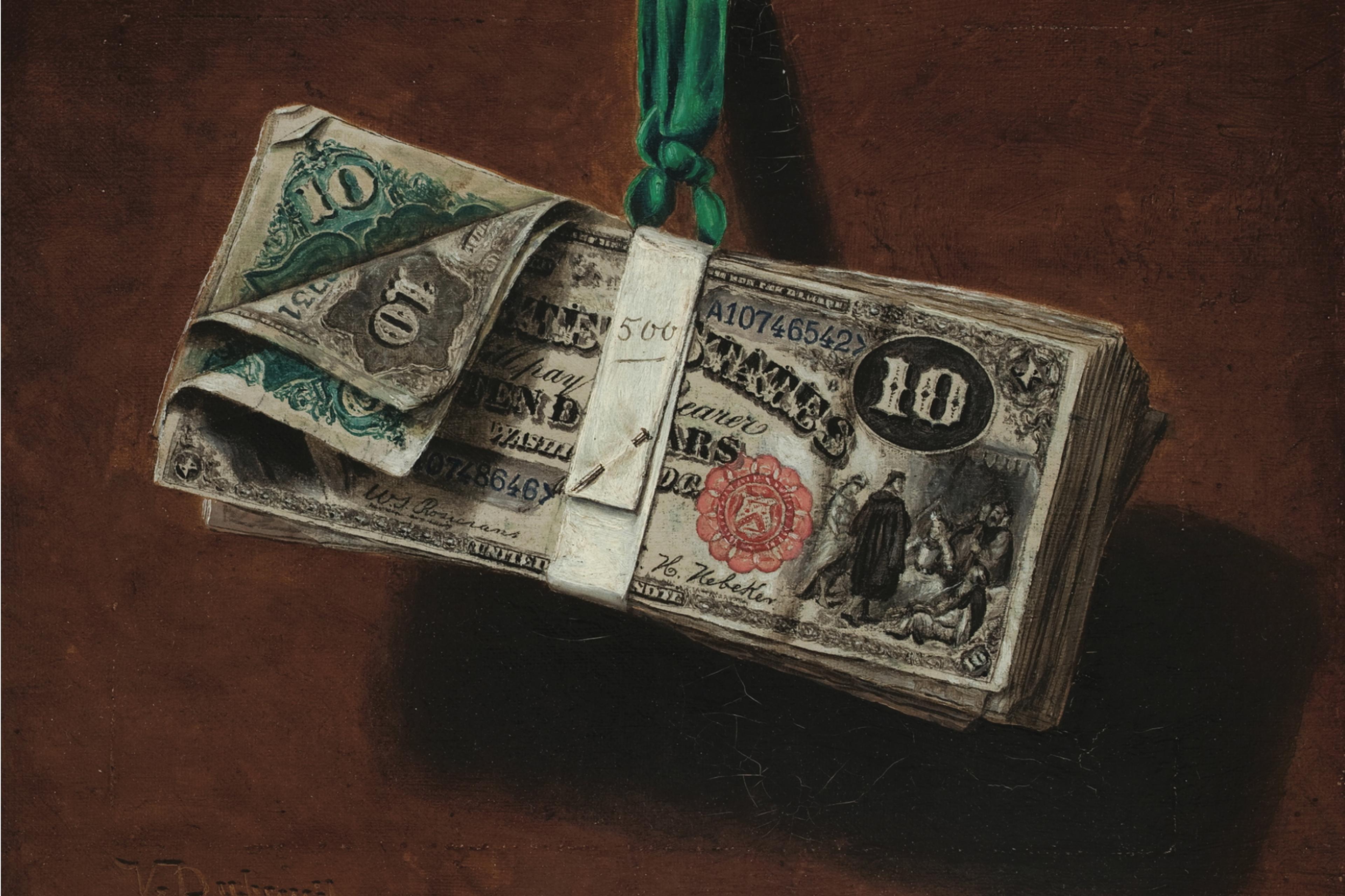 Painting of a bundle of American banknotes tied with a green ribbon pinned to a wall on a brown background.